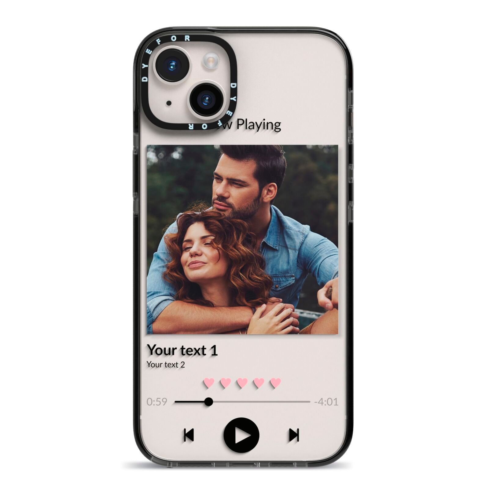 Personalised Photo Music iPhone 14 Plus Black Impact Case on Silver phone