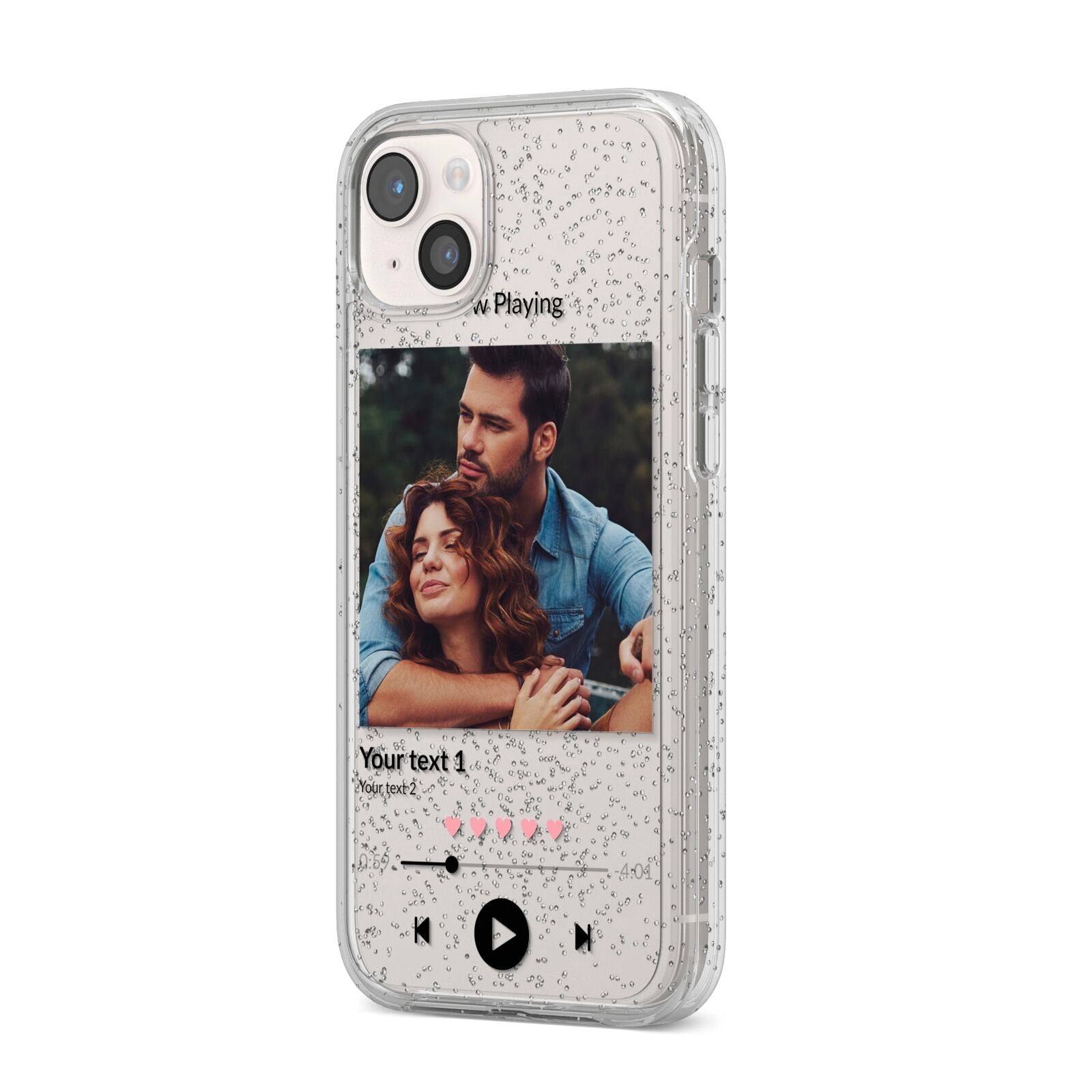 Personalised Photo Music iPhone 14 Plus Glitter Tough Case Starlight Angled Image