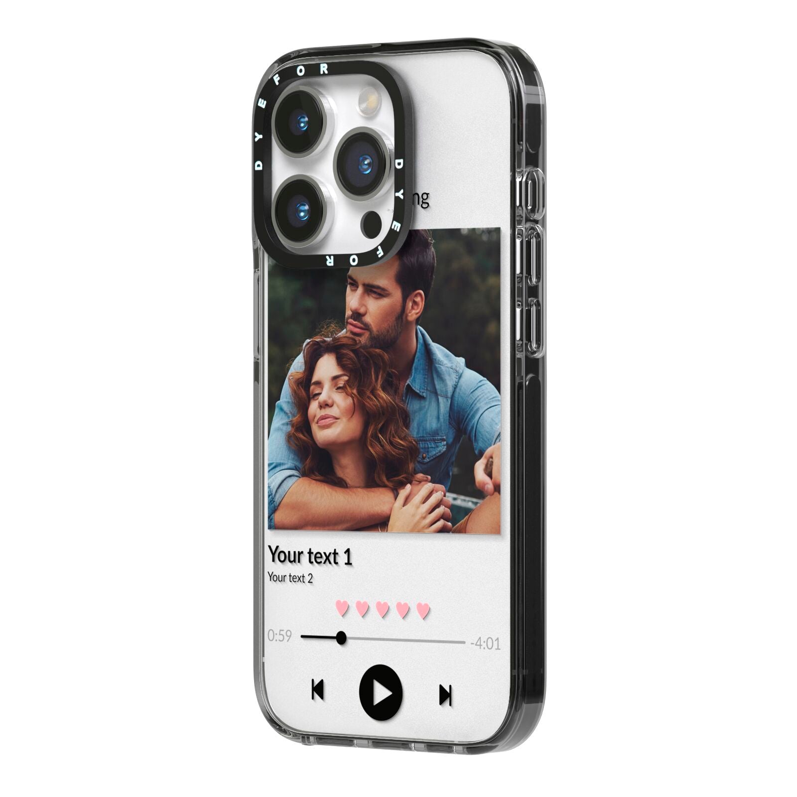 Personalised Photo Music iPhone 14 Pro Black Impact Case Side Angle on Silver phone