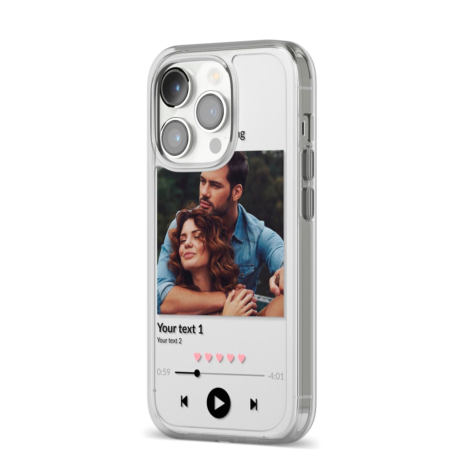 Personalised Photo Music iPhone 14 Pro Clear Tough Case Silver Angled Image