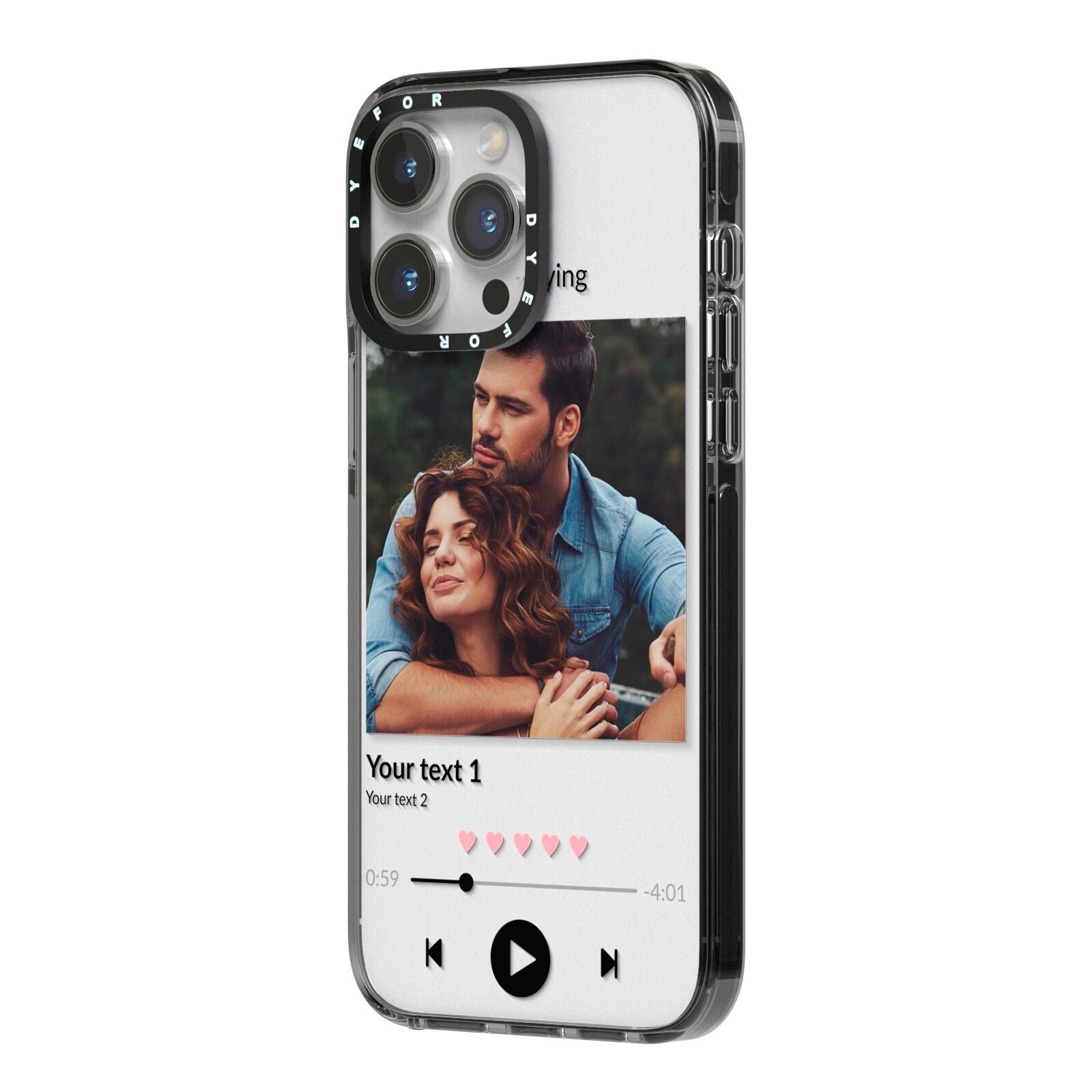 Personalised Photo Music iPhone 14 Pro Max Black Impact Case Side Angle on Silver phone
