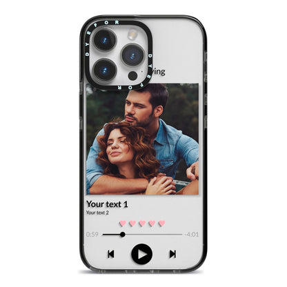 Personalised Photo Music iPhone 14 Pro Max Black Impact Case on Silver phone