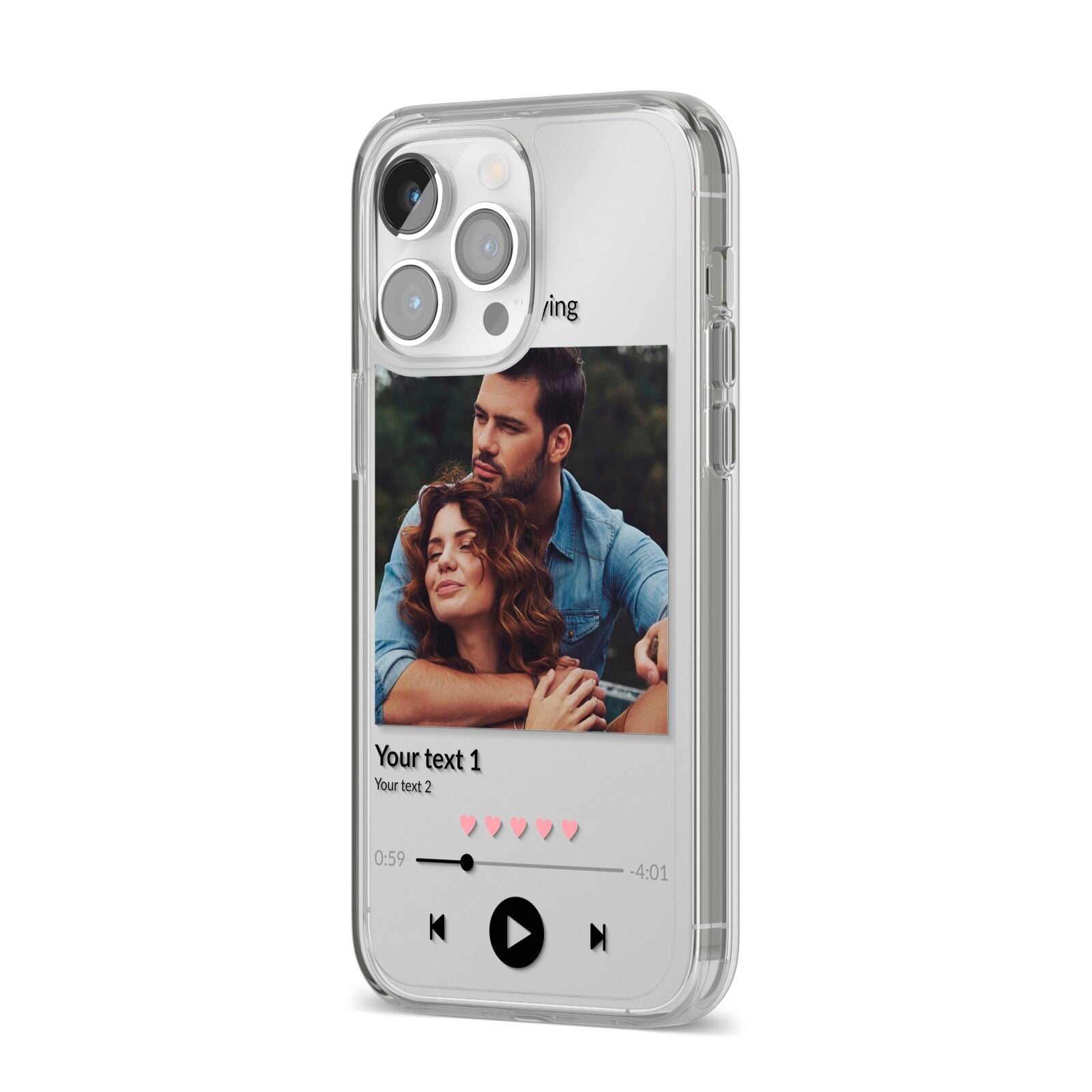 Personalised Photo Music iPhone 14 Pro Max Clear Tough Case Silver Angled Image