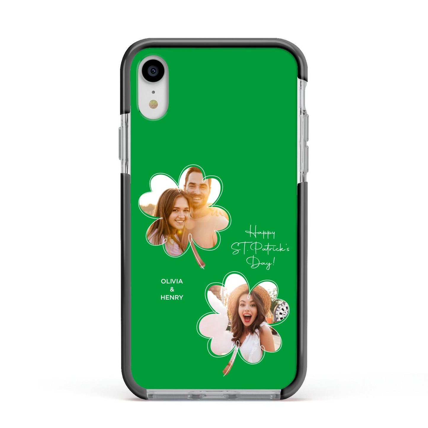 Personalised Photo St Patricks Day Apple iPhone XR Impact Case Black Edge on Silver Phone