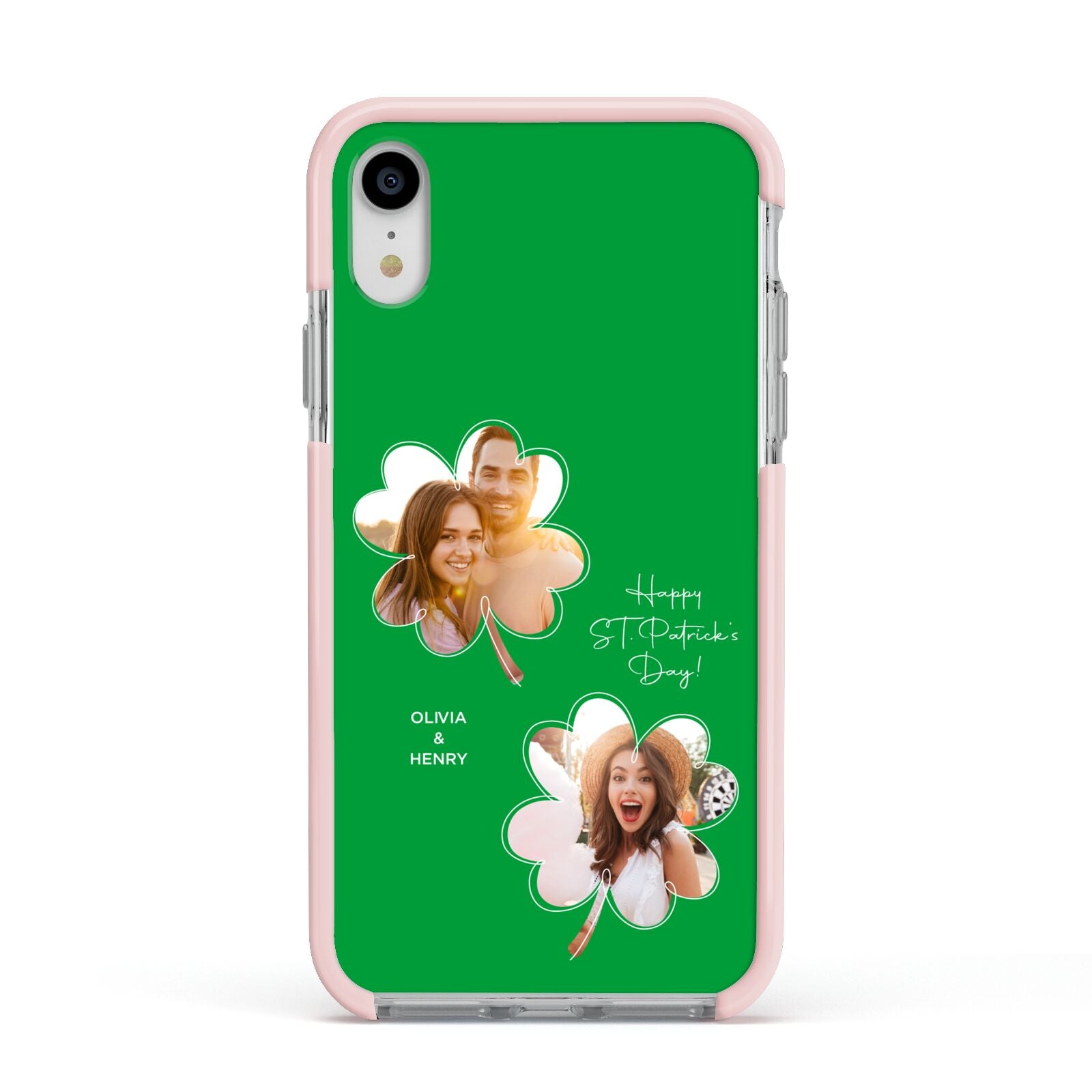 Personalised Photo St Patricks Day Apple iPhone XR Impact Case Pink Edge on Silver Phone