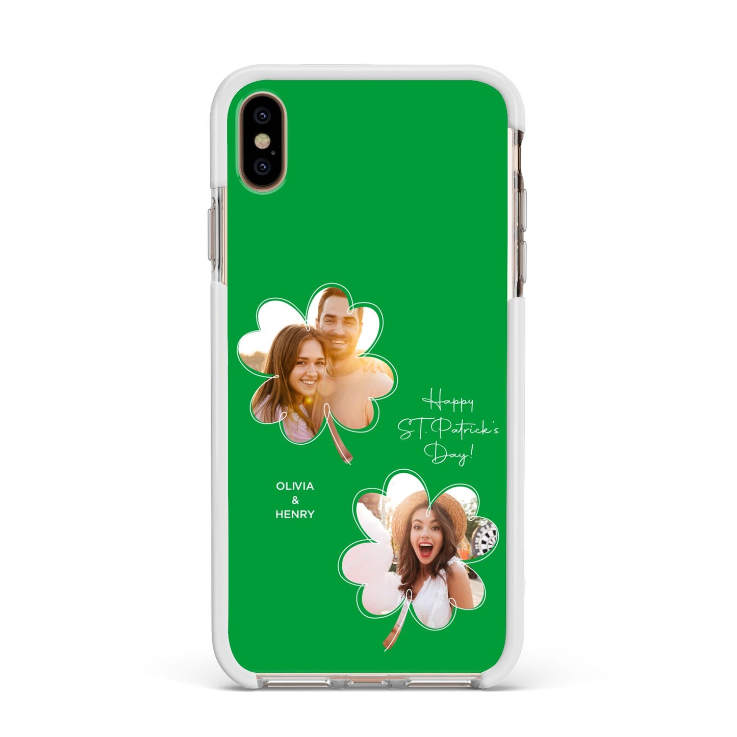 Personalised Photo St Patricks Day Apple iPhone Xs Max Impact Case White Edge on Gold Phone