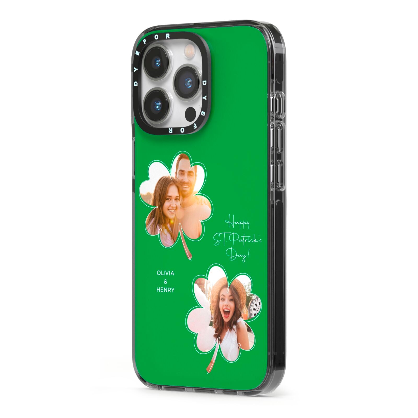 Personalised Photo St Patricks Day iPhone 13 Pro Black Impact Case Side Angle on Silver phone
