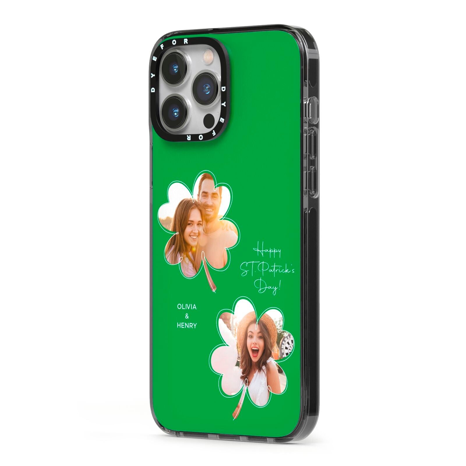 Personalised Photo St Patricks Day iPhone 13 Pro Max Black Impact Case Side Angle on Silver phone
