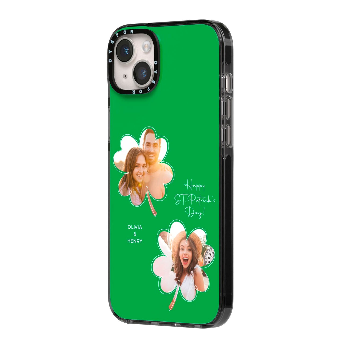 Personalised Photo St Patricks Day iPhone 14 Plus Black Impact Case Side Angle on Silver phone