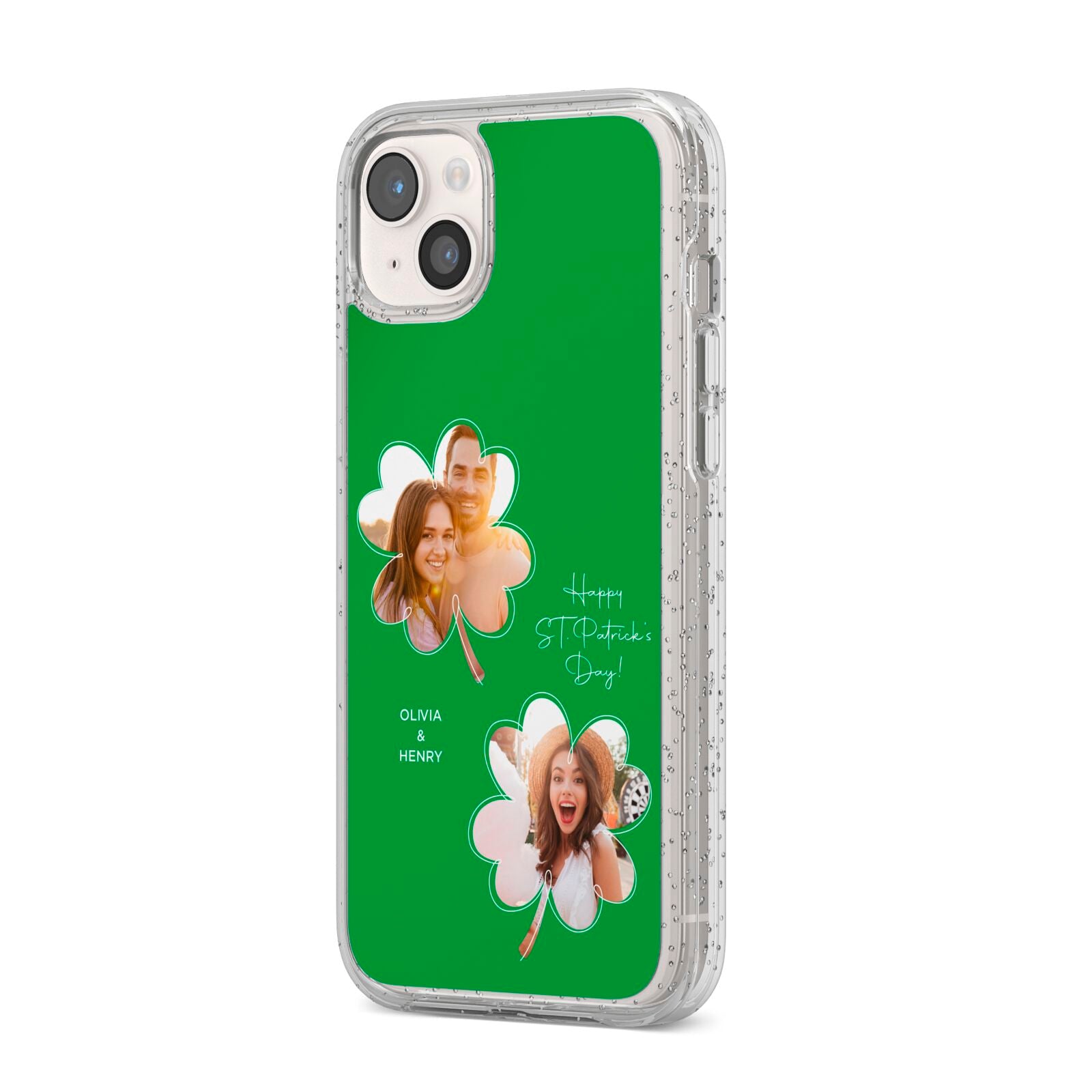 Personalised Photo St Patricks Day iPhone 14 Plus Glitter Tough Case Starlight Angled Image