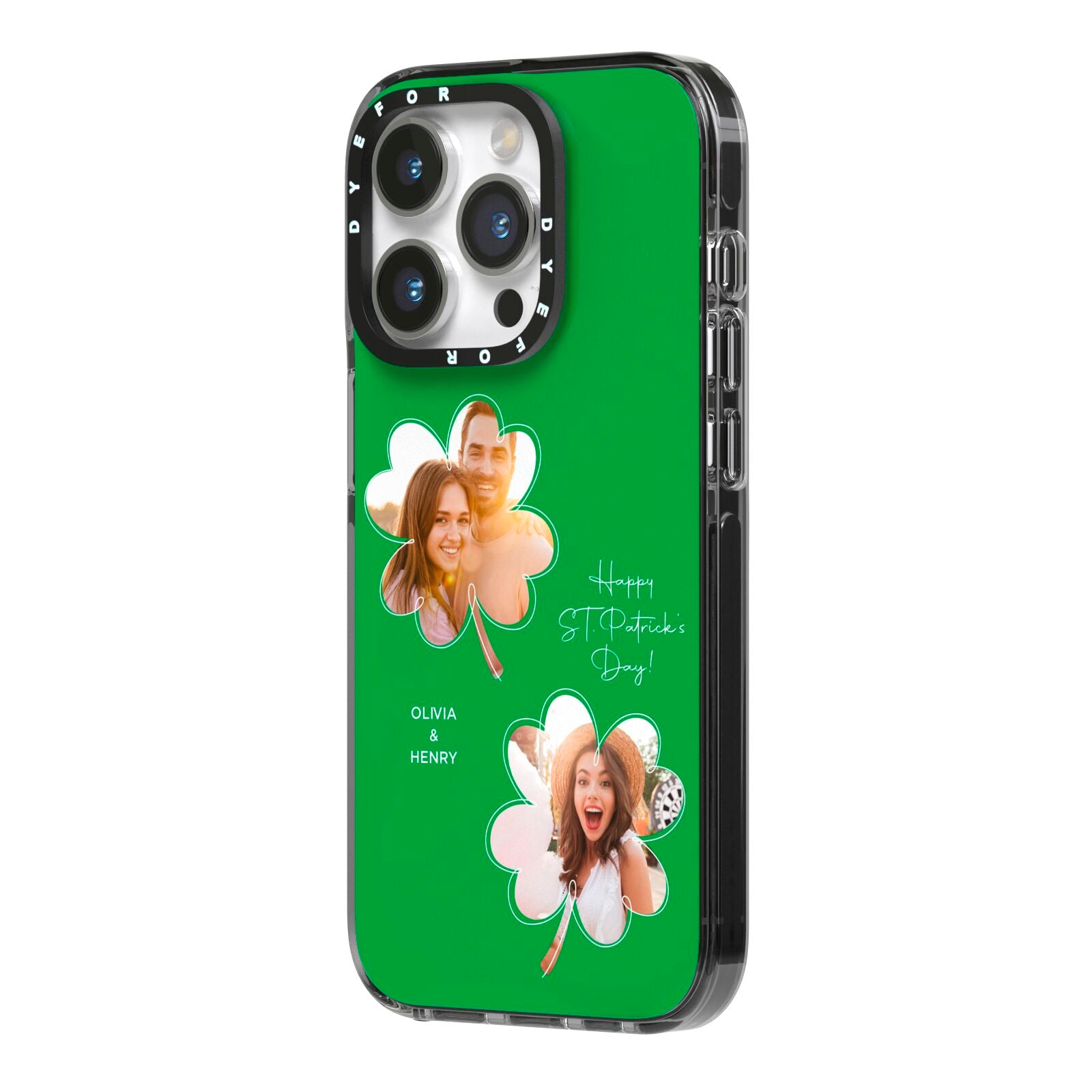 Personalised Photo St Patricks Day iPhone 14 Pro Black Impact Case Side Angle on Silver phone