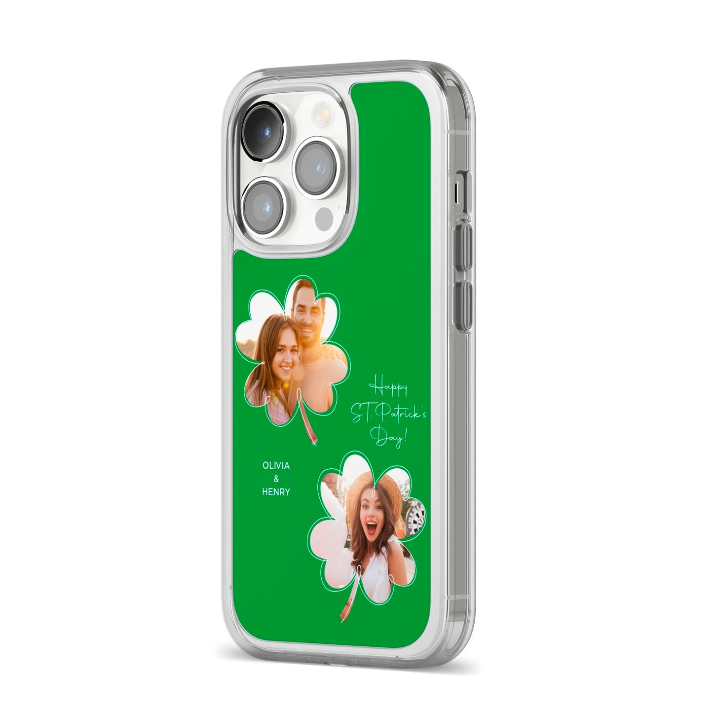 Personalised Photo St Patricks Day iPhone 14 Pro Clear Tough Case Silver Angled Image
