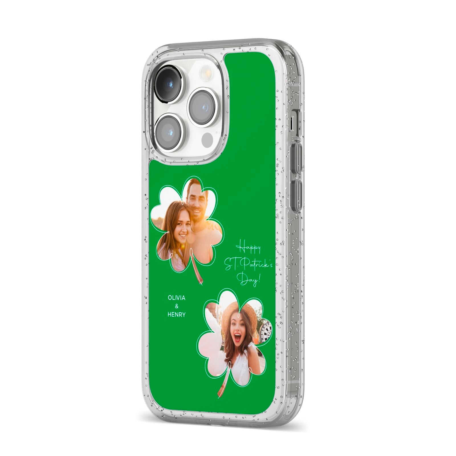 Personalised Photo St Patricks Day iPhone 14 Pro Glitter Tough Case Silver Angled Image