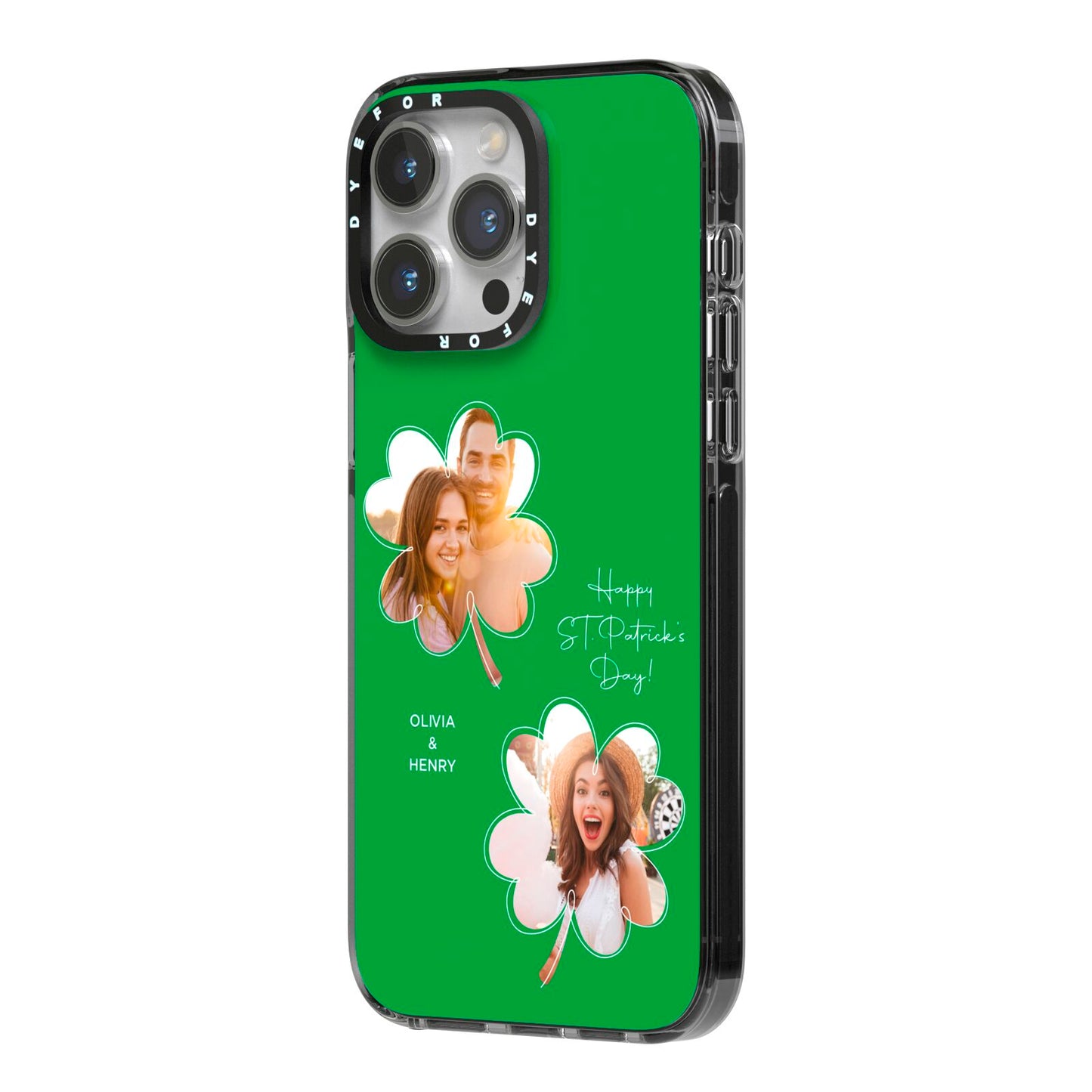 Personalised Photo St Patricks Day iPhone 14 Pro Max Black Impact Case Side Angle on Silver phone
