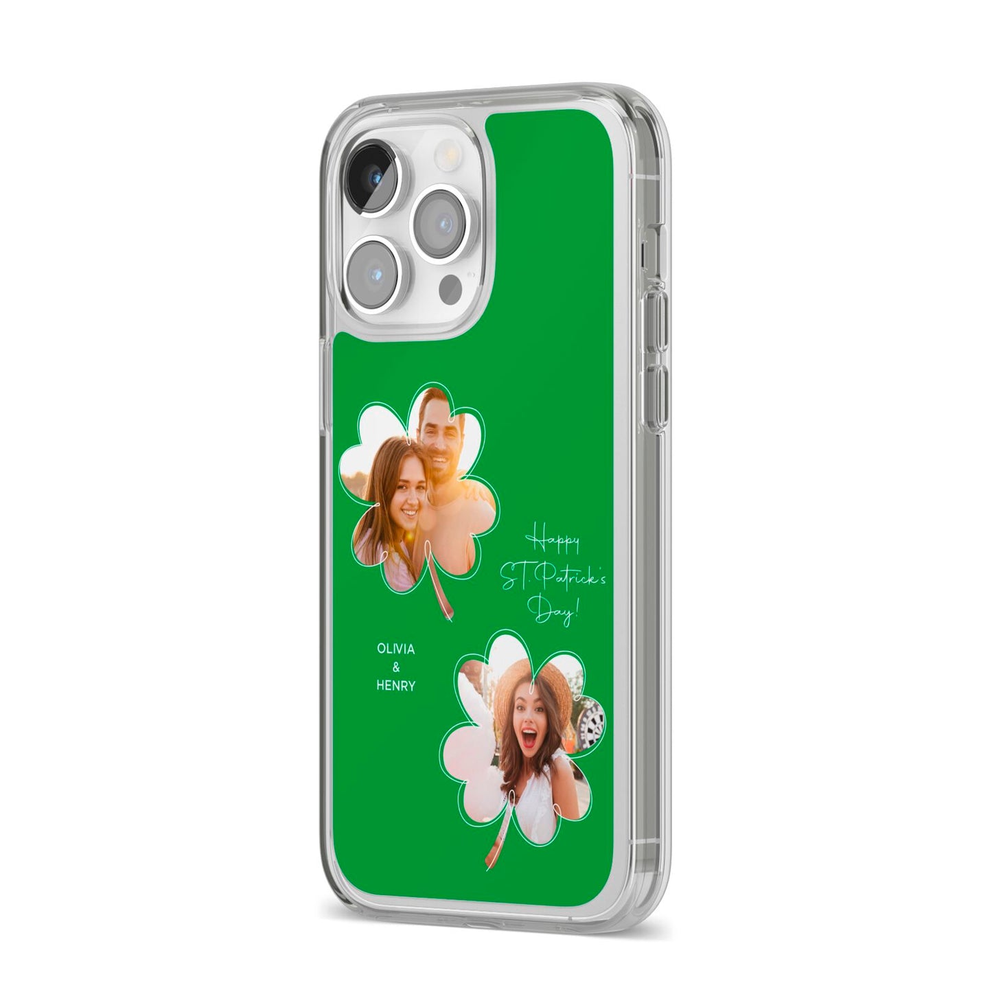 Personalised Photo St Patricks Day iPhone 14 Pro Max Clear Tough Case Silver Angled Image
