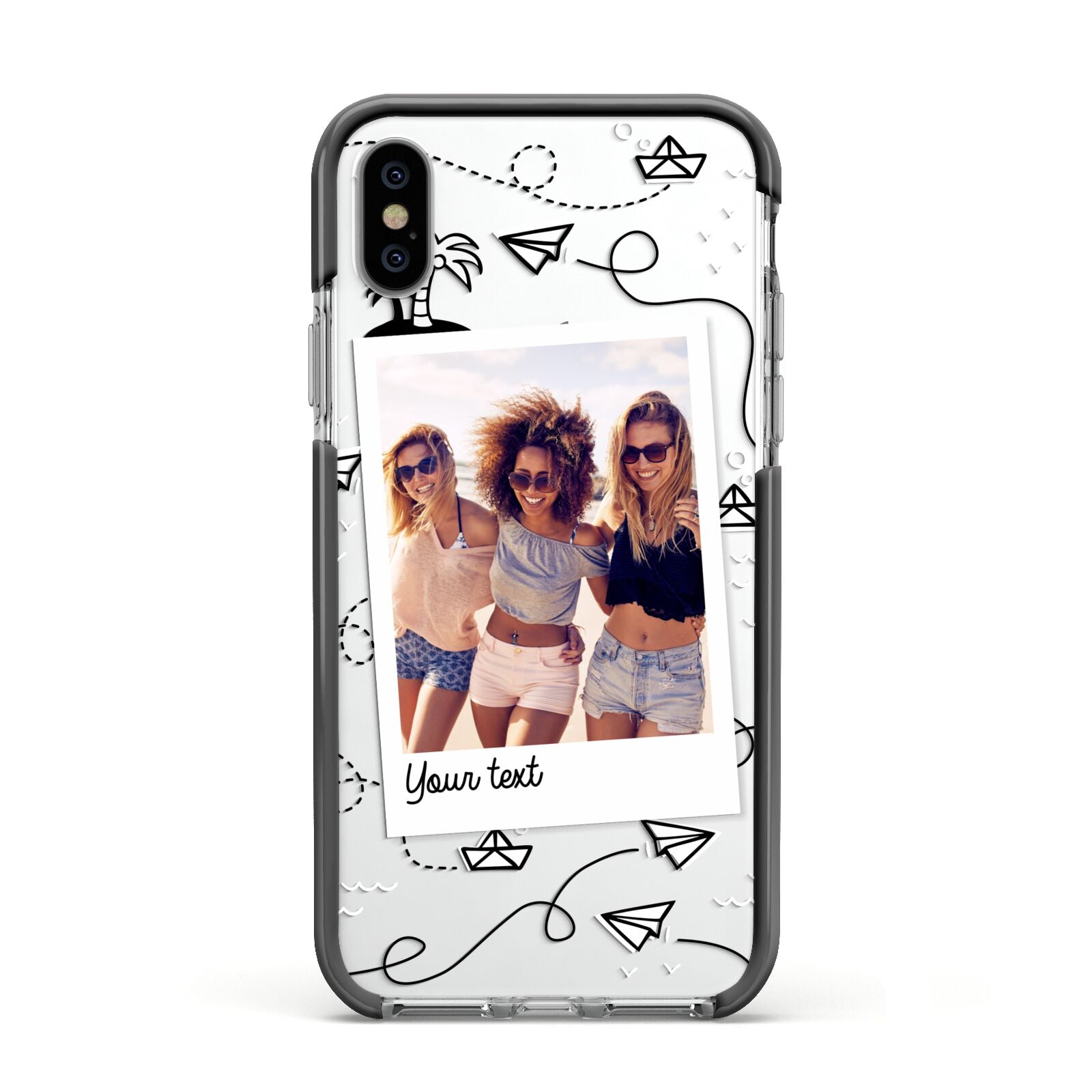 Personalised Photo Travel Apple iPhone Xs Impact Case Black Edge on Silver Phone