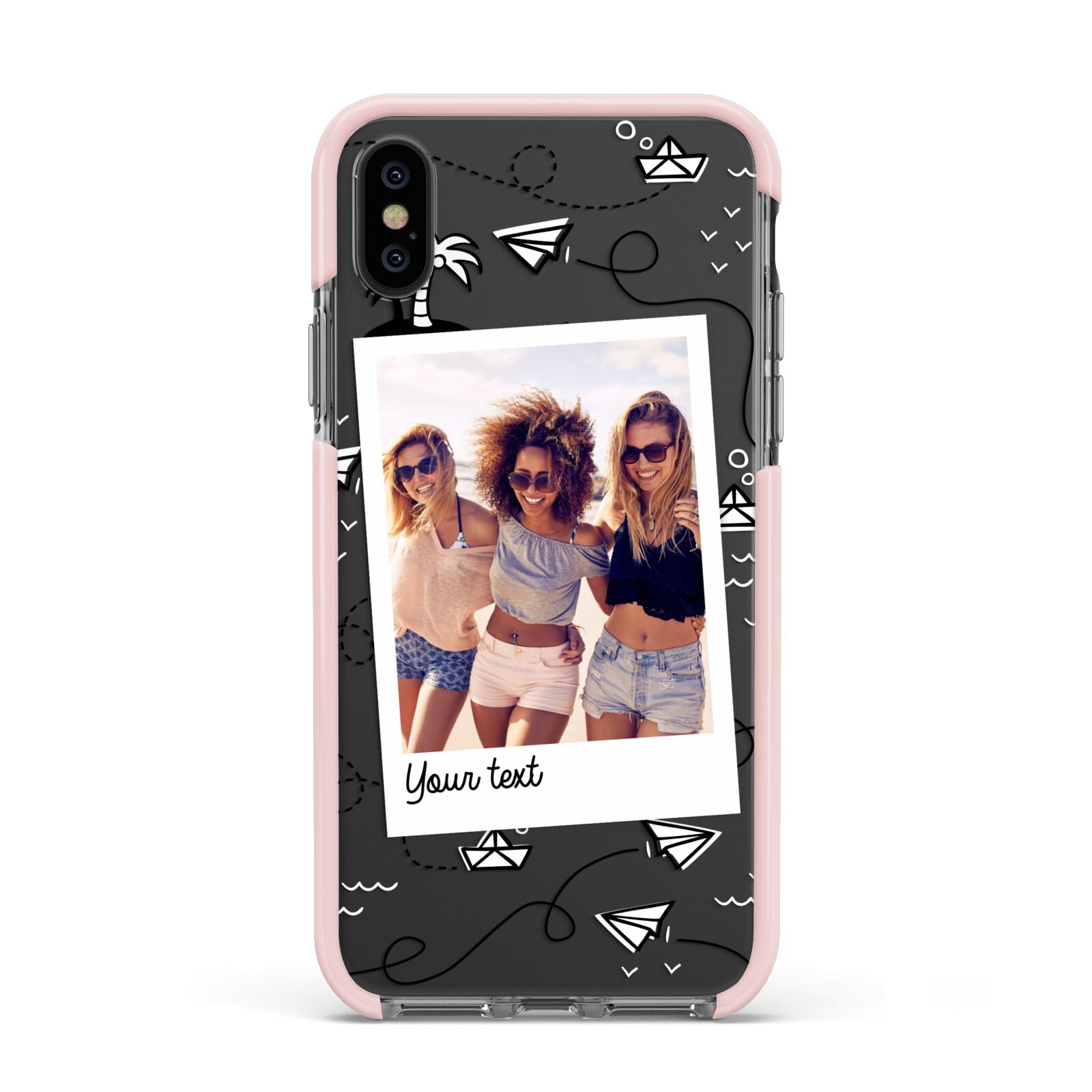 Personalised Photo Travel Apple iPhone Xs Impact Case Pink Edge on Black Phone