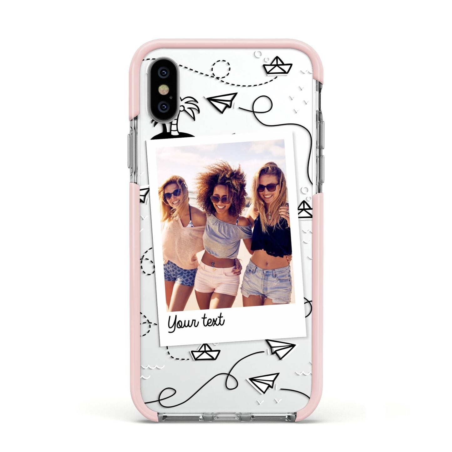 Personalised Photo Travel Apple iPhone Xs Impact Case Pink Edge on Silver Phone