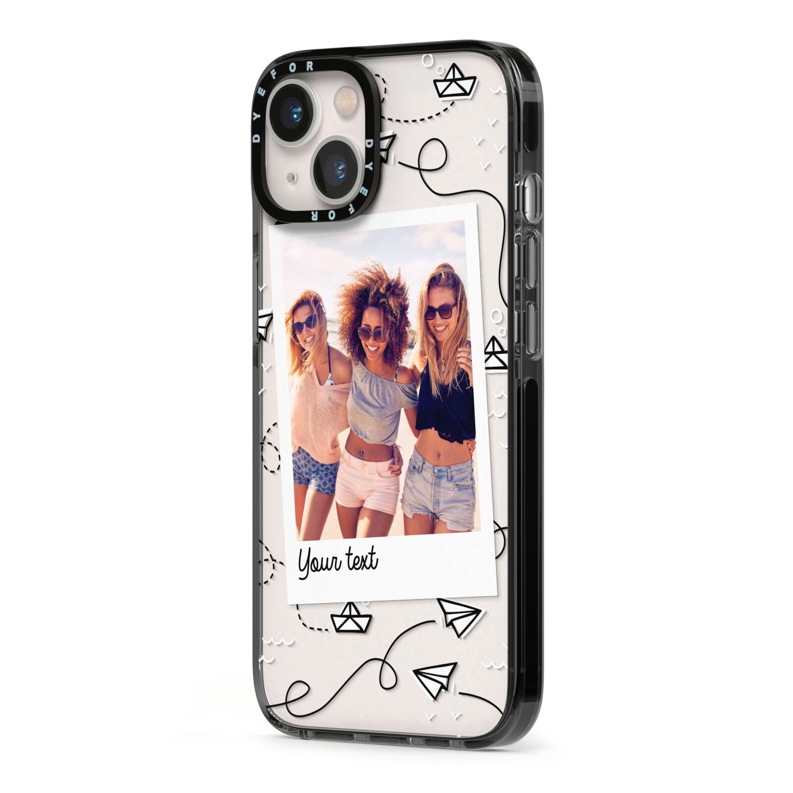 Personalised Photo Travel iPhone 13 Black Impact Case Side Angle on Silver phone