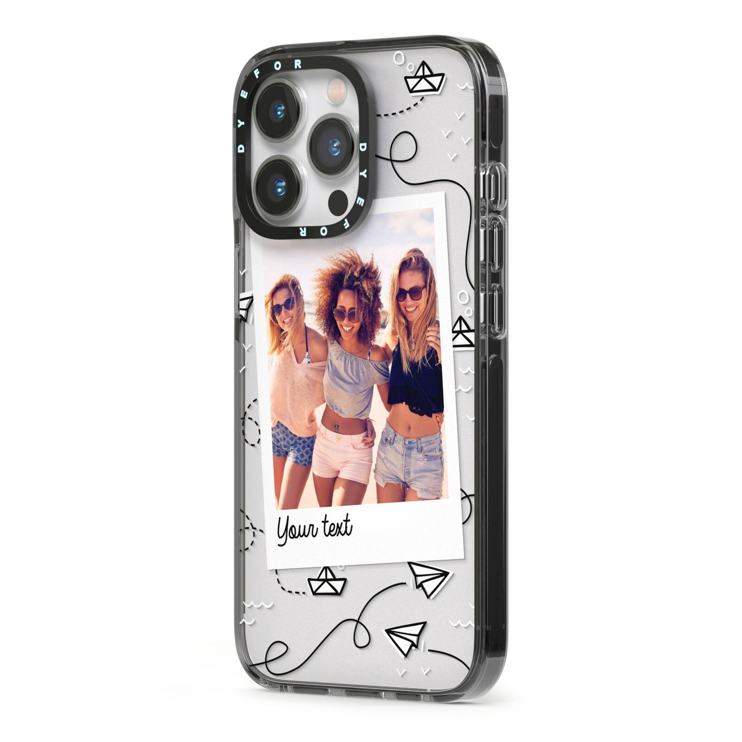Personalised Photo Travel iPhone 13 Pro Black Impact Case Side Angle on Silver phone