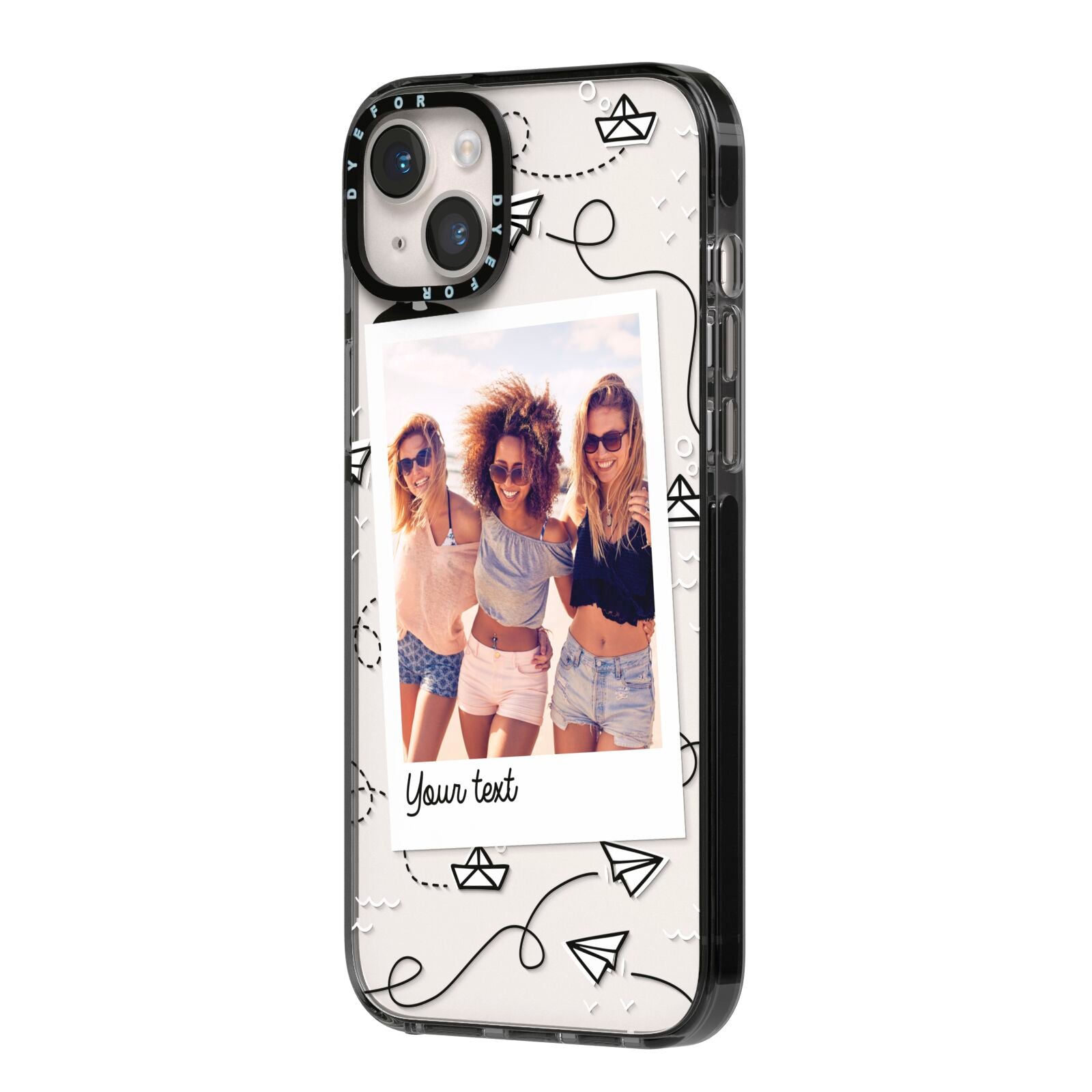 Personalised Photo Travel iPhone 14 Plus Black Impact Case Side Angle on Silver phone