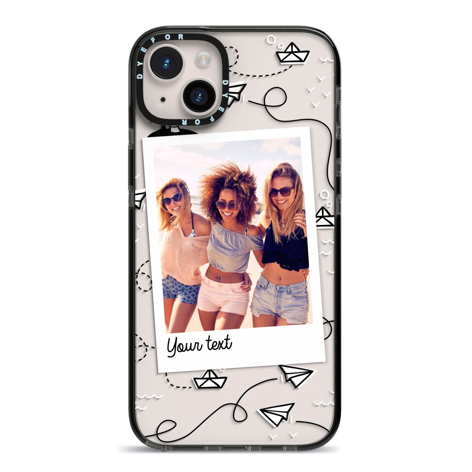 Personalised Photo Travel iPhone 14 Plus Black Impact Case on Silver phone