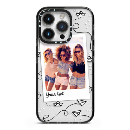 Personalised Photo Travel iPhone 14 Pro Black Impact Case on Silver phone