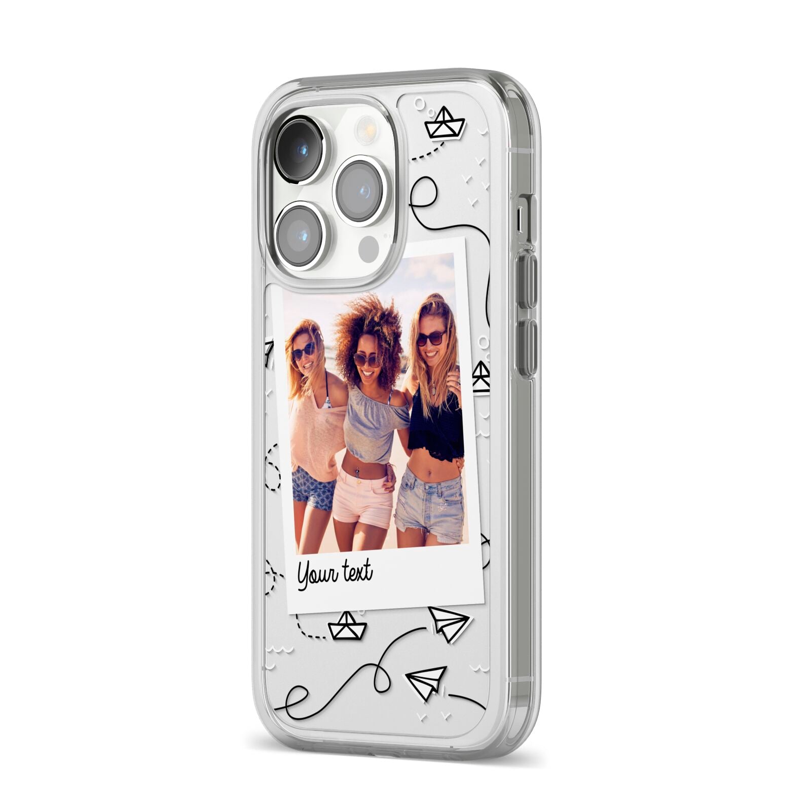 Personalised Photo Travel iPhone 14 Pro Clear Tough Case Silver Angled Image