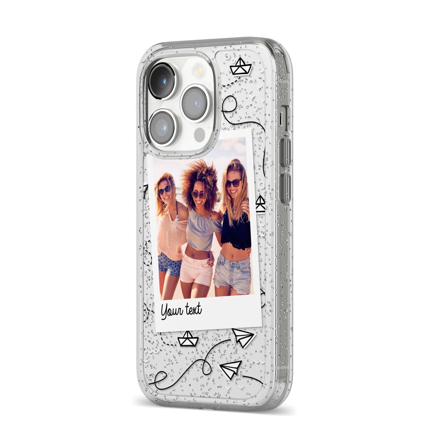 Personalised Photo Travel iPhone 14 Pro Glitter Tough Case Silver Angled Image