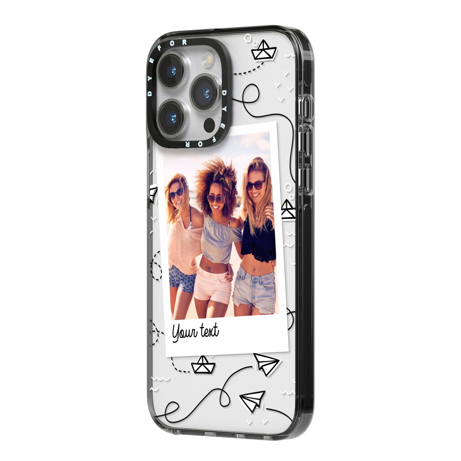 Personalised Photo Travel iPhone 14 Pro Max Black Impact Case Side Angle on Silver phone