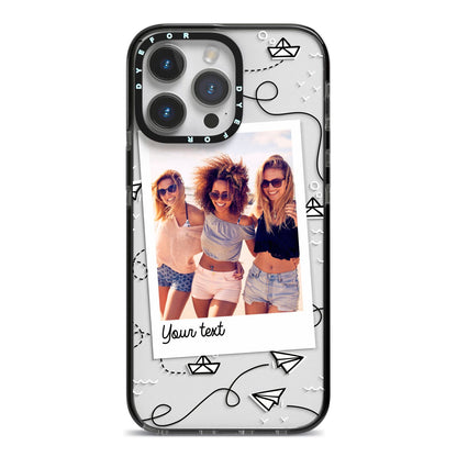Personalised Photo Travel iPhone 14 Pro Max Black Impact Case on Silver phone
