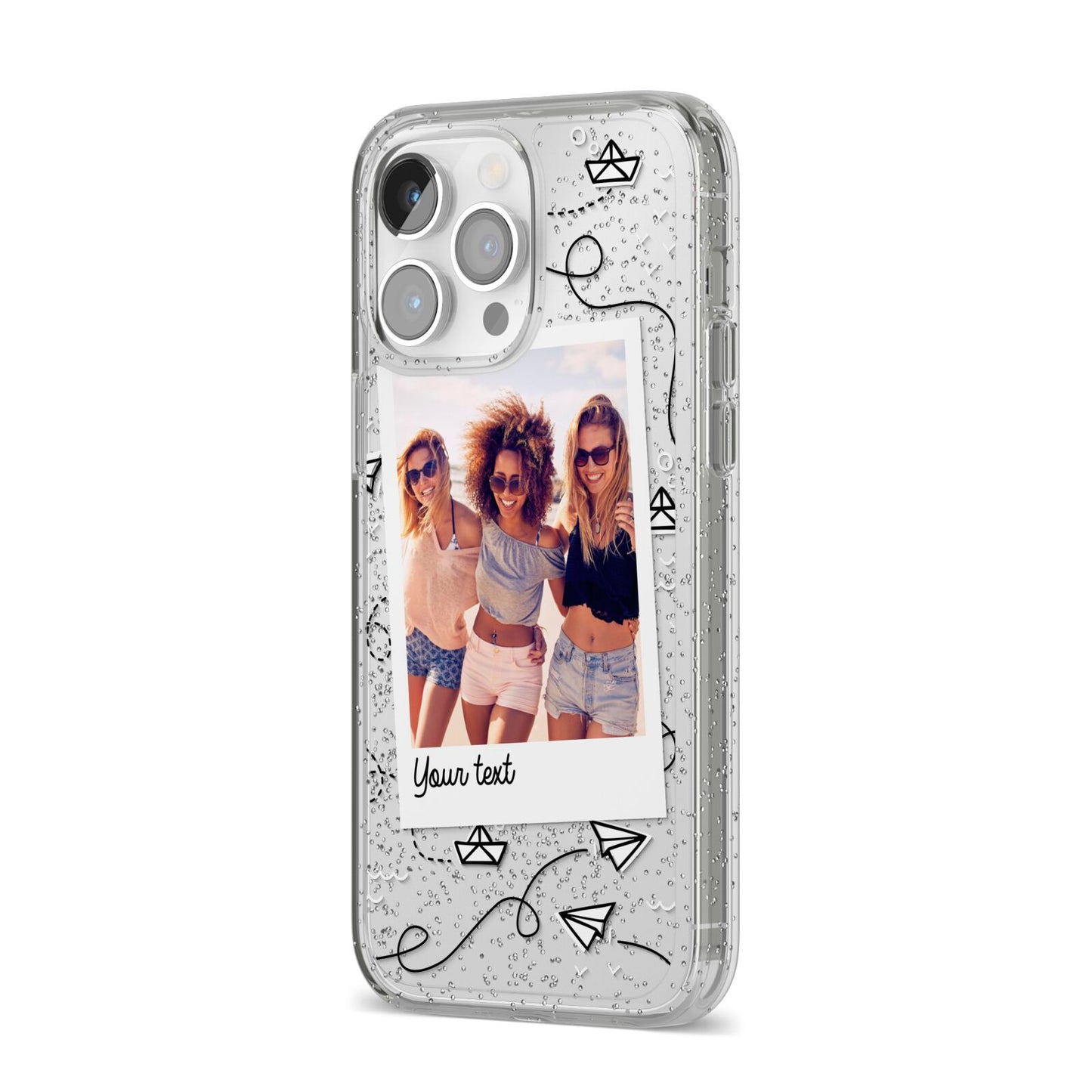 Personalised Photo Travel iPhone 14 Pro Max Glitter Tough Case Silver Angled Image