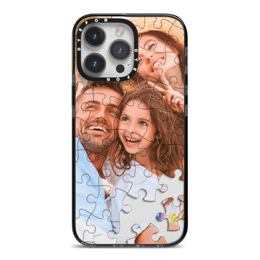 Personalised Photo Upload Puzzle Effect iPhone 14 Pro Max Black Impact Case on Silver phone