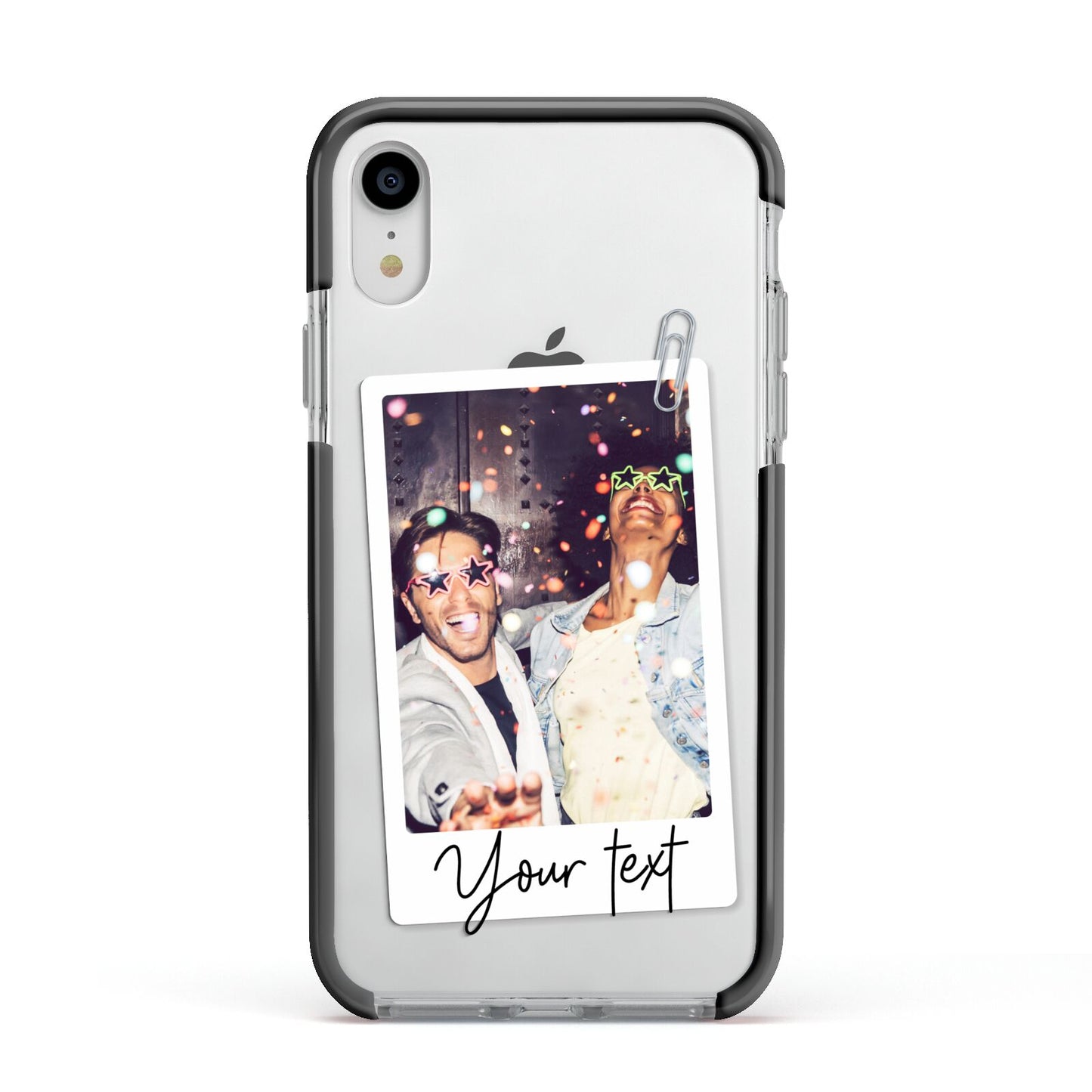 Personalised Photo with Text Apple iPhone XR Impact Case Black Edge on Silver Phone