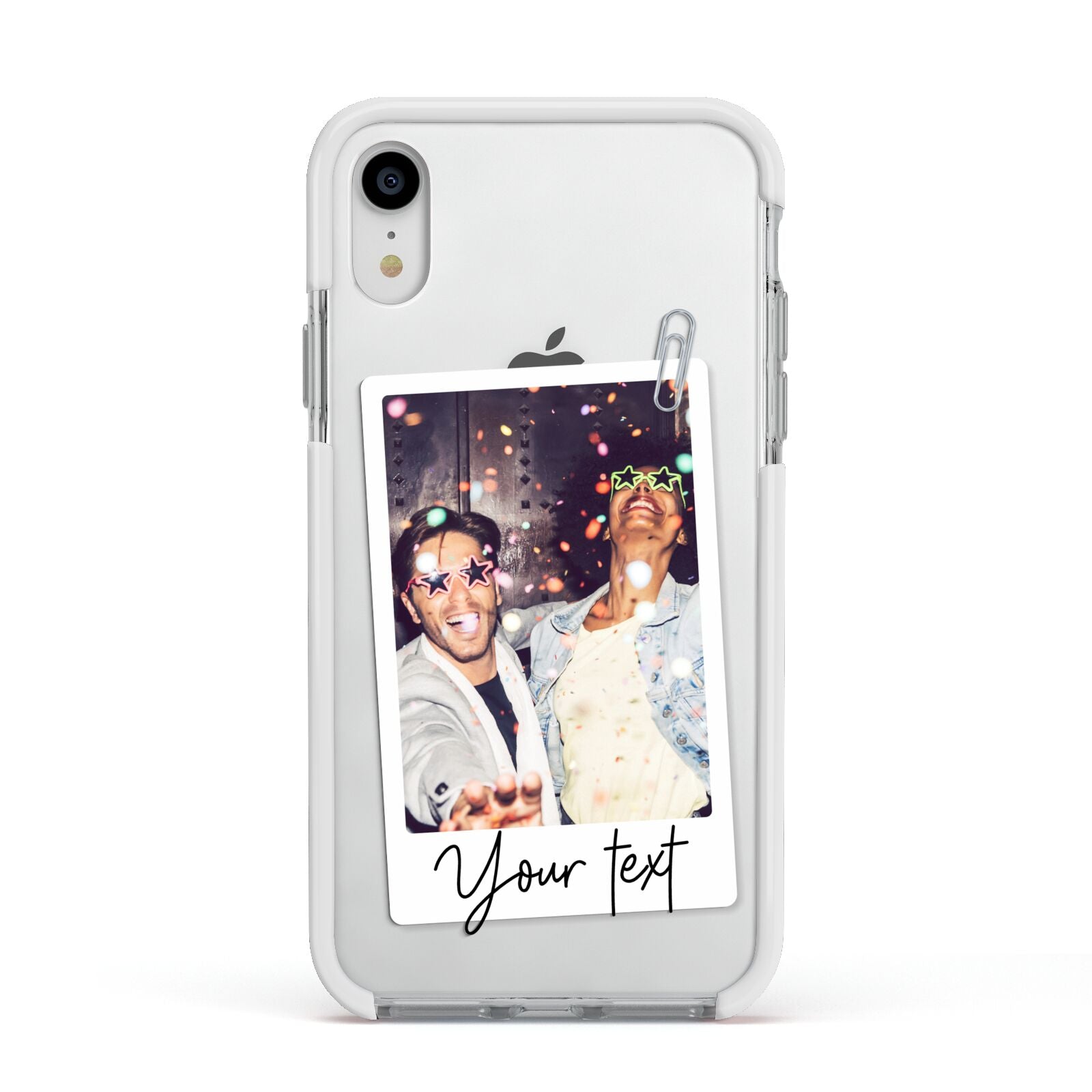 Personalised Photo with Text Apple iPhone XR Impact Case White Edge on Silver Phone