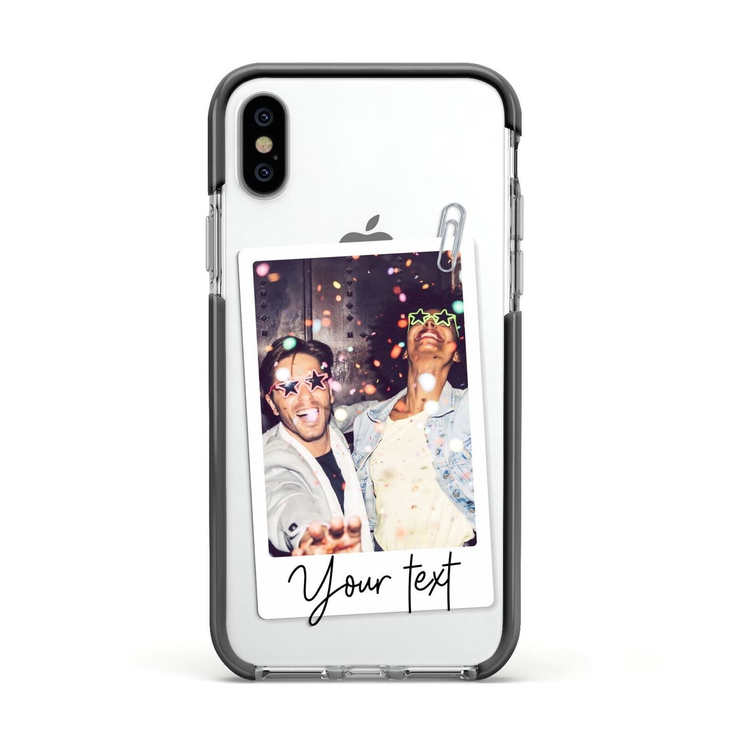Personalised Photo with Text Apple iPhone Xs Impact Case Black Edge on Silver Phone