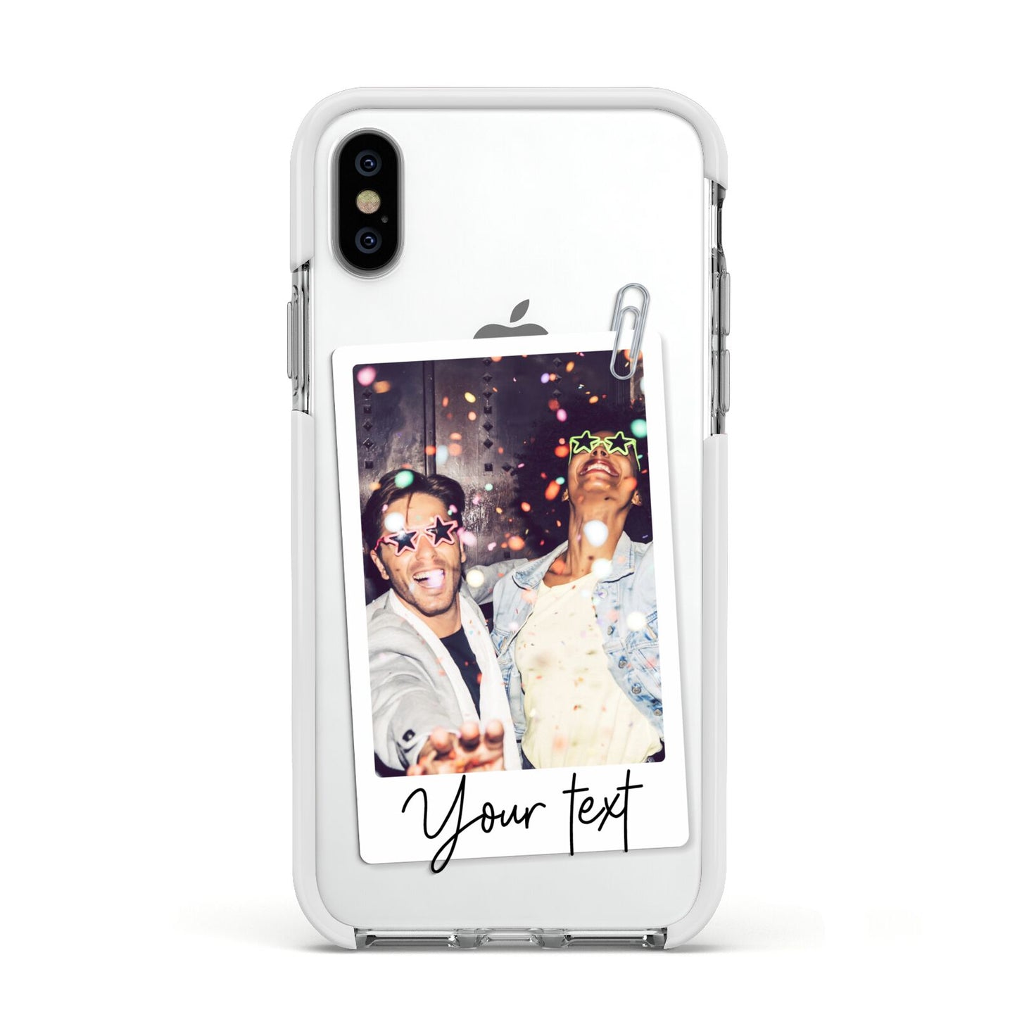 Personalised Photo with Text Apple iPhone Xs Impact Case White Edge on Silver Phone