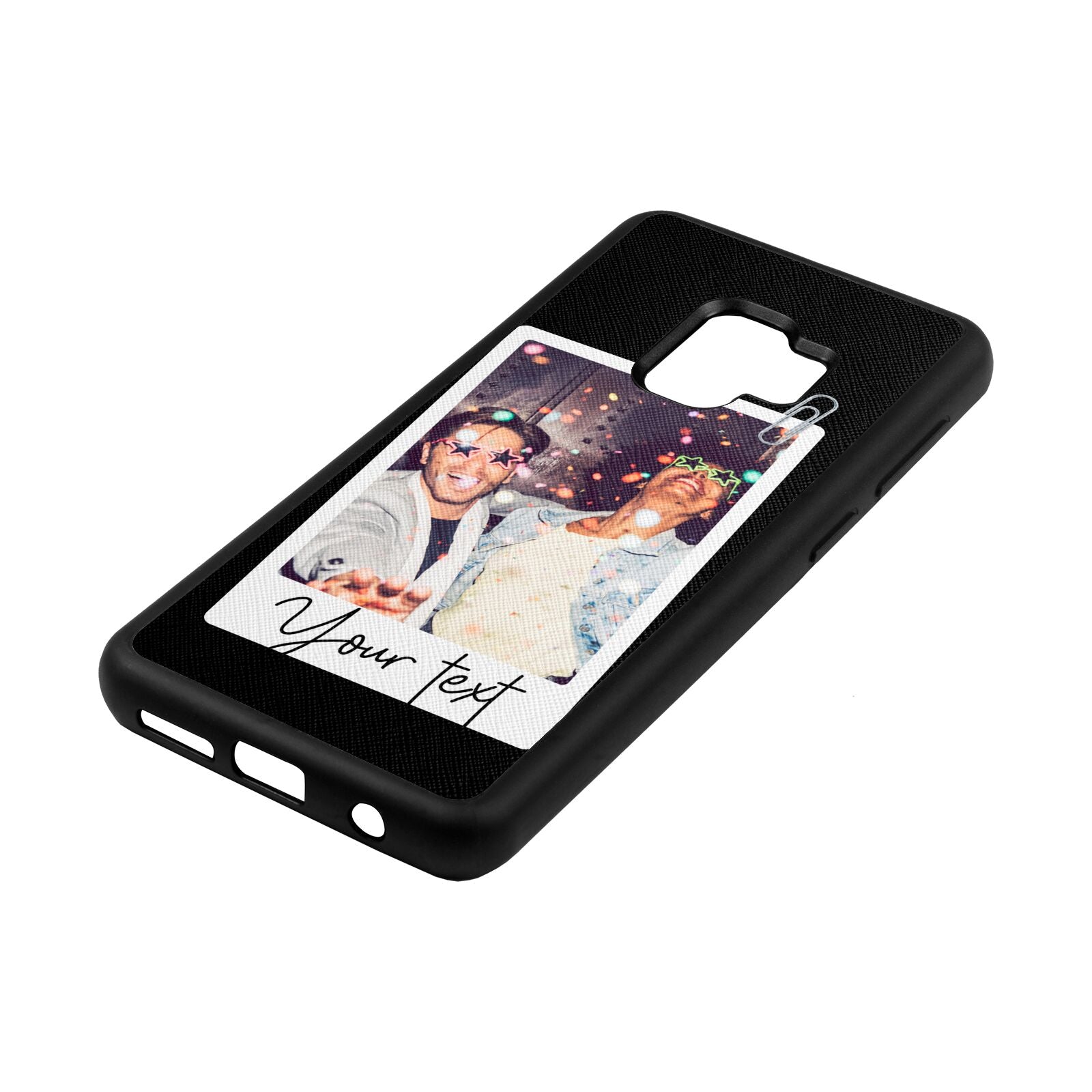 Personalised Photo with Text Black Saffiano Leather Samsung S9 Case Side Angle