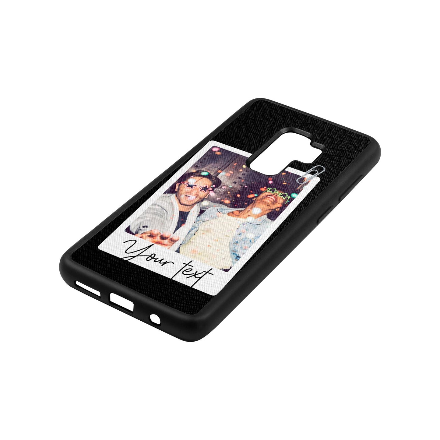 Personalised Photo with Text Black Saffiano Leather Samsung S9 Plus Case Side Angle