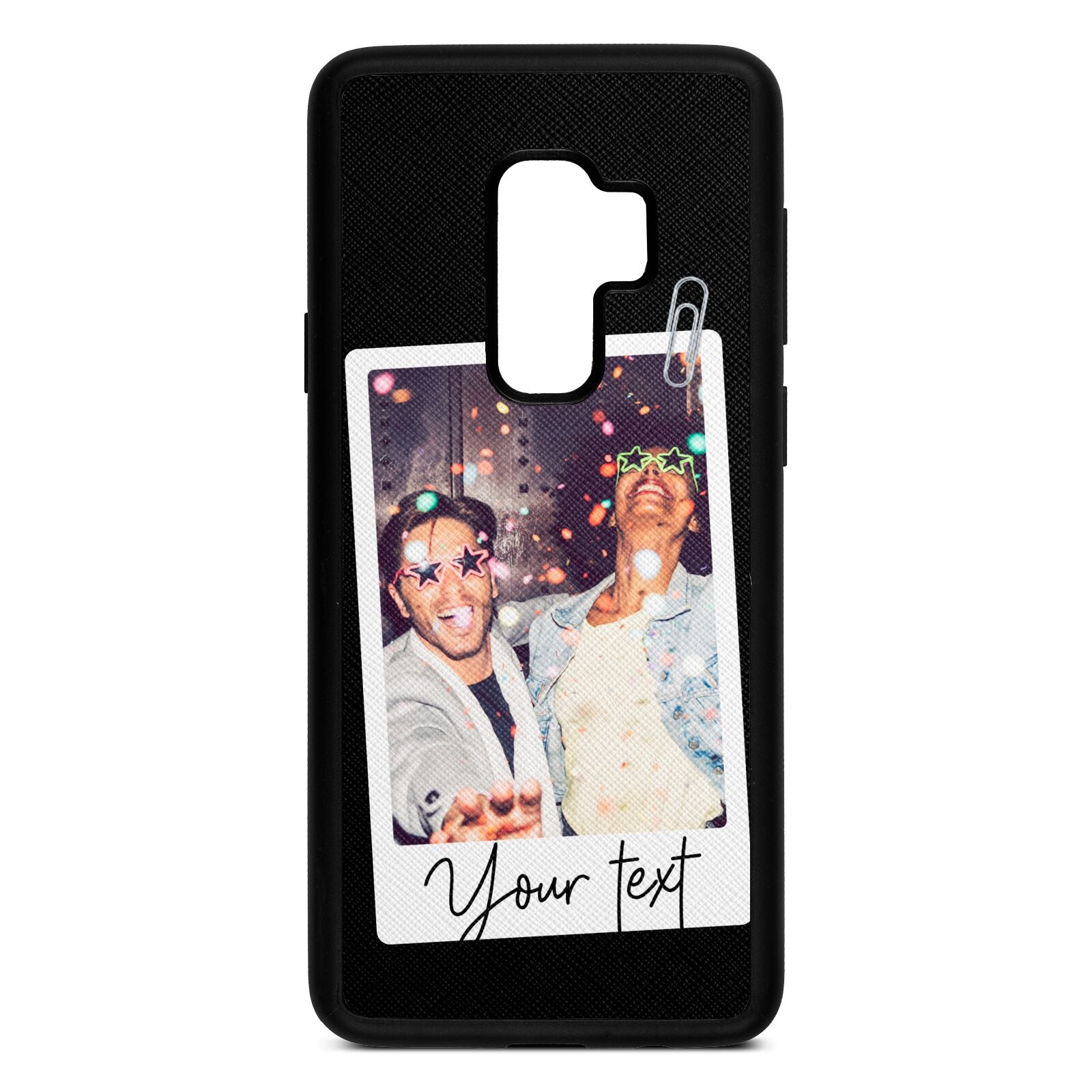 Personalised Photo with Text Black Saffiano Leather Samsung S9 Plus Case