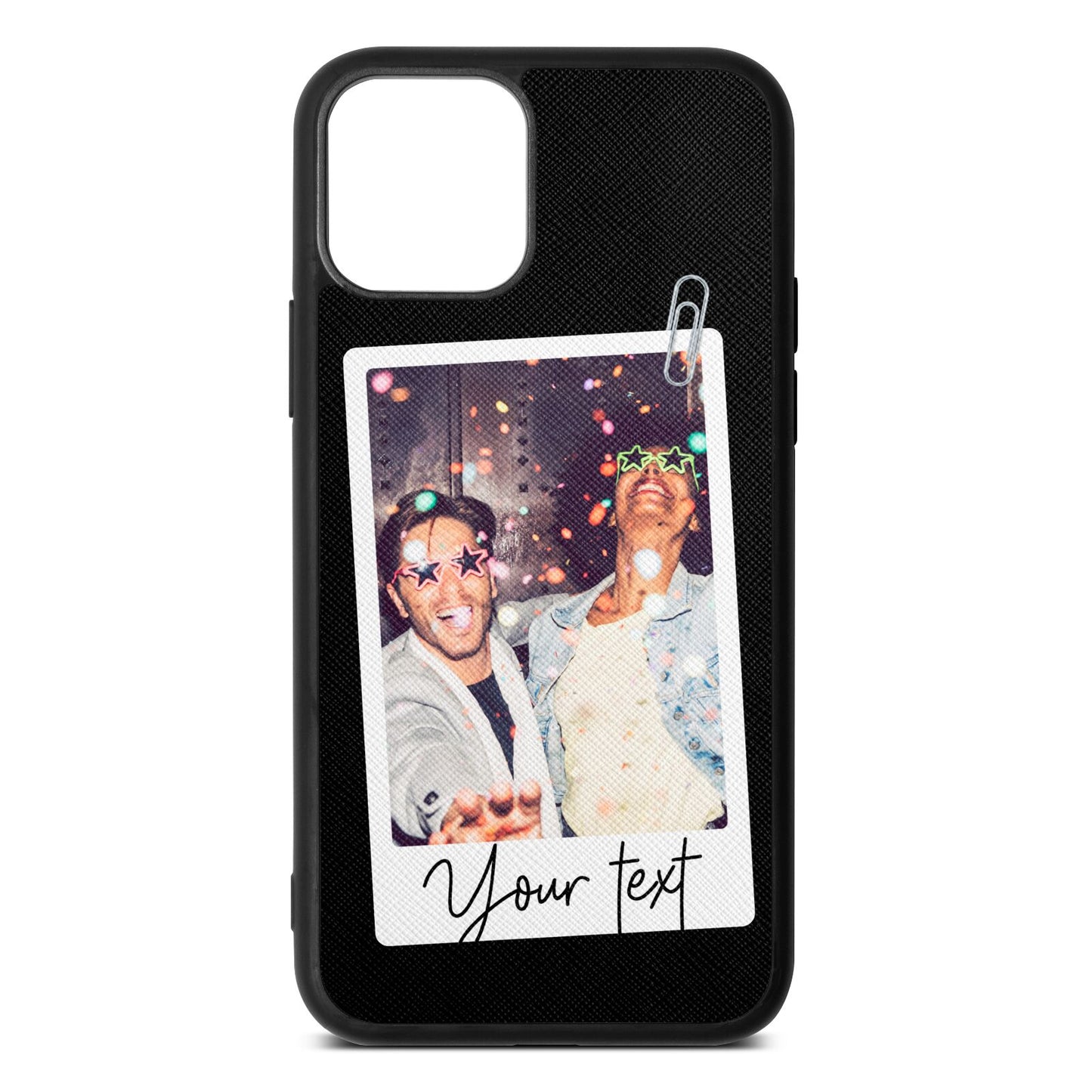 Personalised Photo with Text Black Saffiano Leather iPhone 11 Case