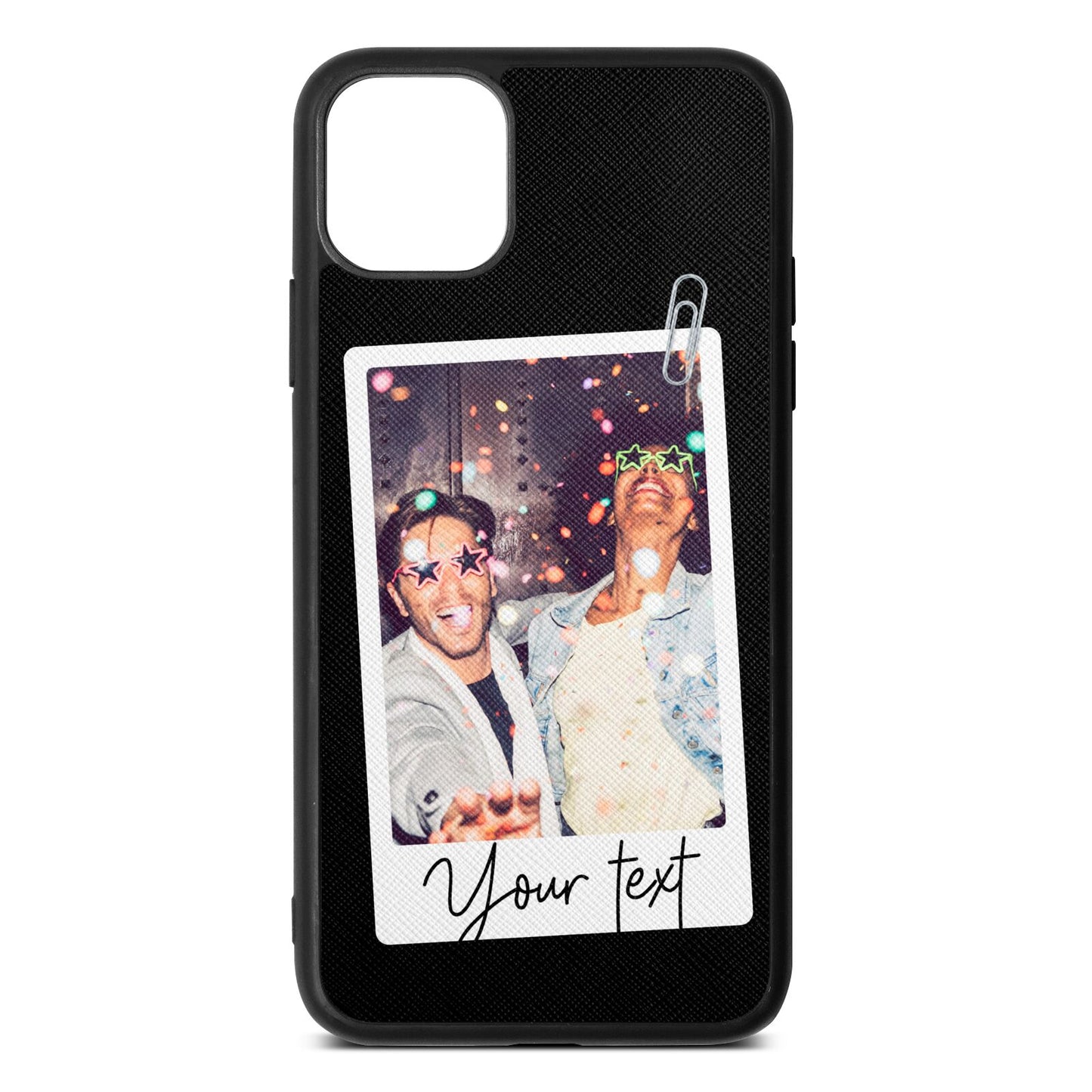 Personalised Photo with Text Black Saffiano Leather iPhone 11 Pro Max Case
