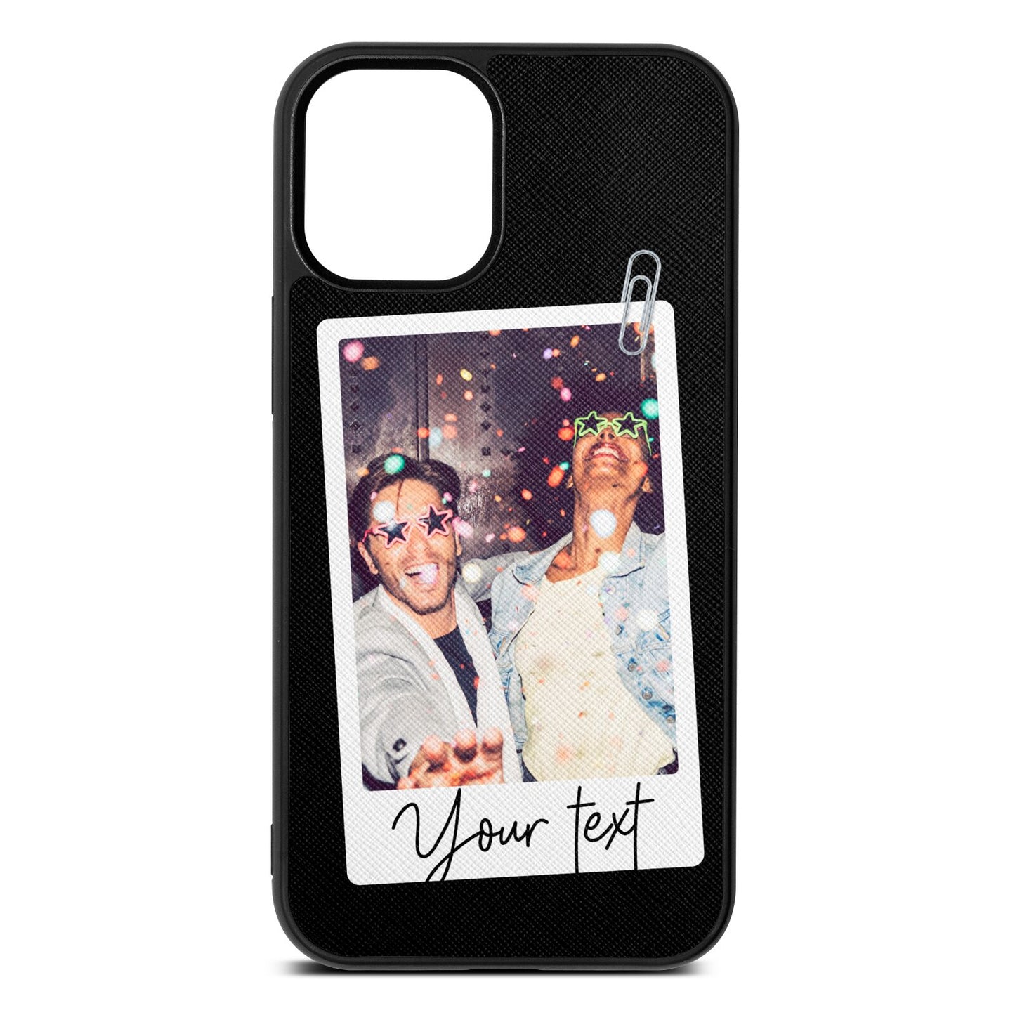 Personalised Photo with Text Black Saffiano Leather iPhone 12 Mini Case