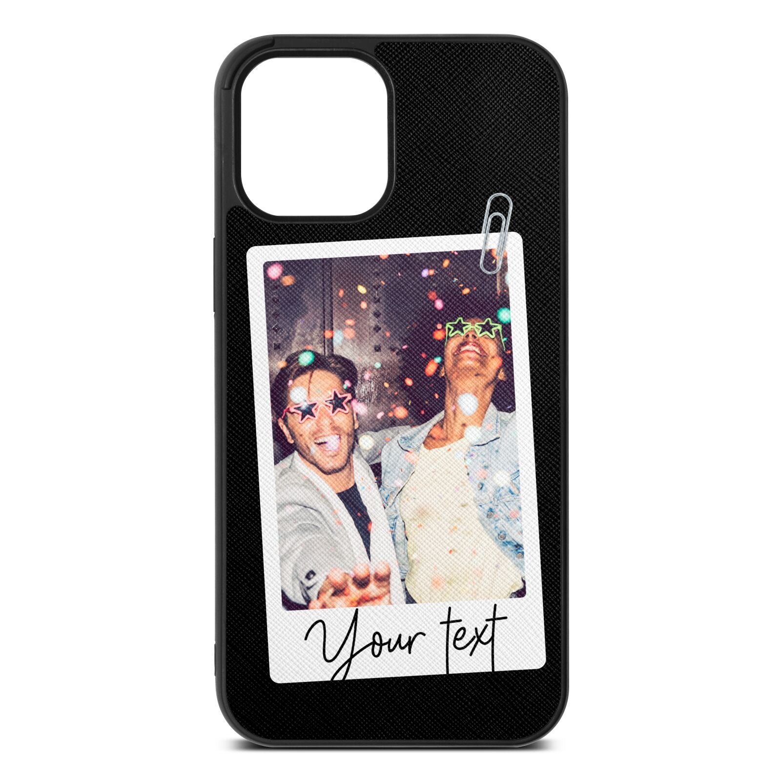 Personalised Photo with Text Black Saffiano Leather iPhone 12 Pro Max Case