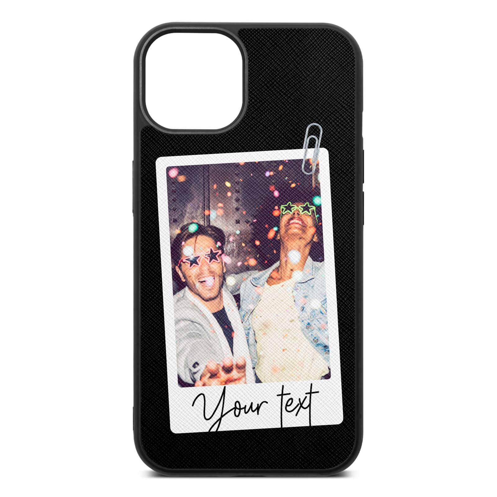 Personalised Photo with Text Black Saffiano Leather iPhone 13 Case