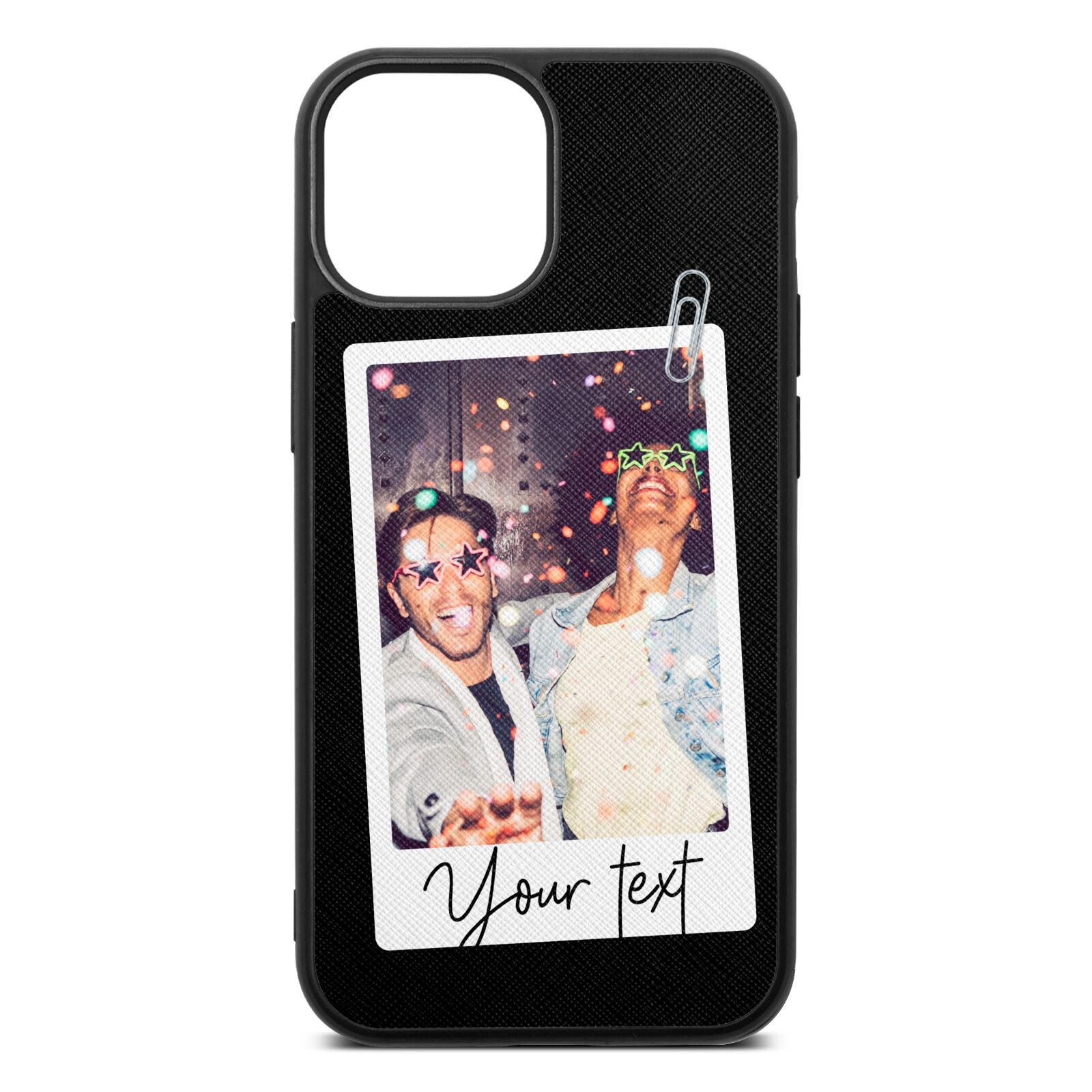Personalised Photo with Text Black Saffiano Leather iPhone 13 Mini Case