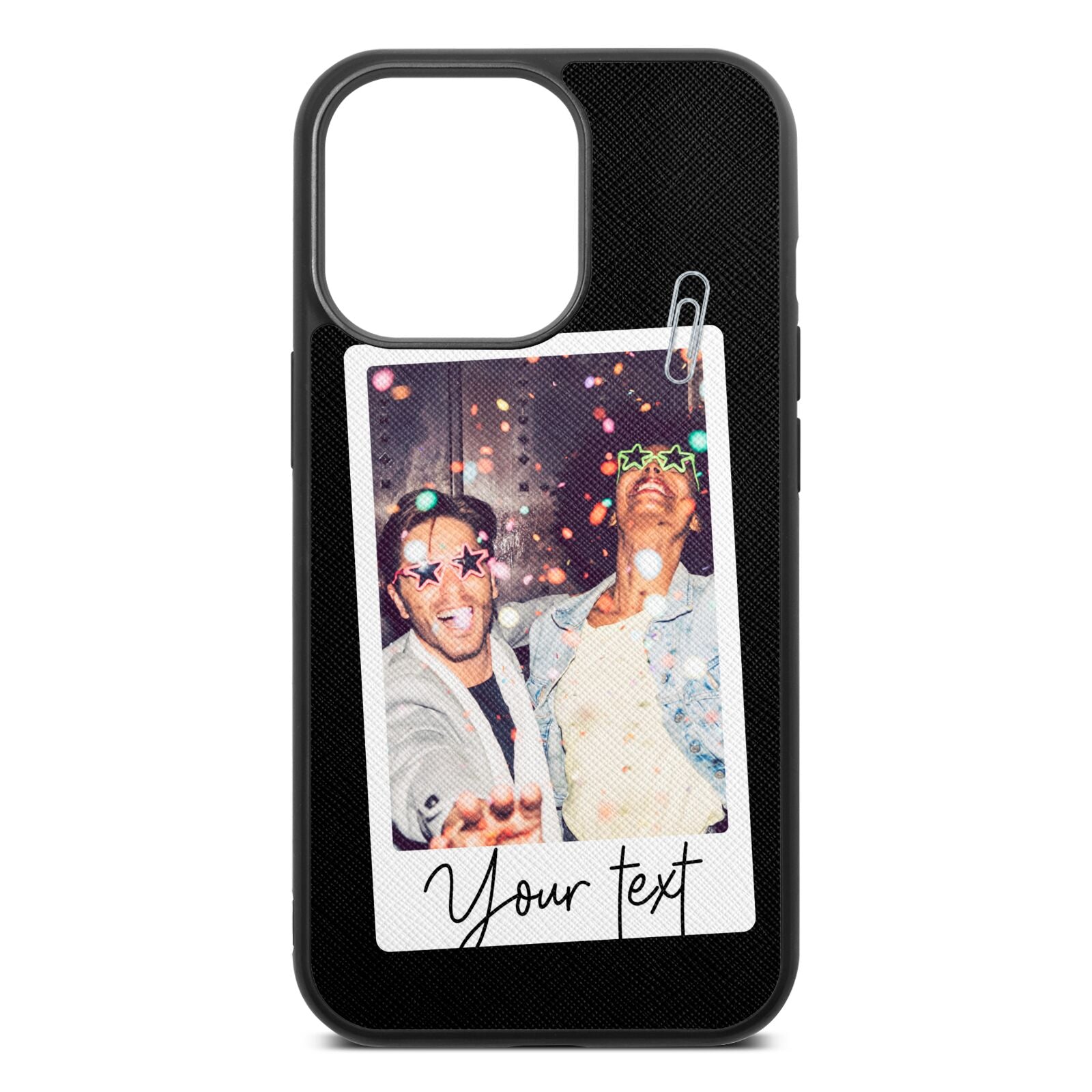 Personalised Photo with Text Black Saffiano Leather iPhone 13 Pro Case