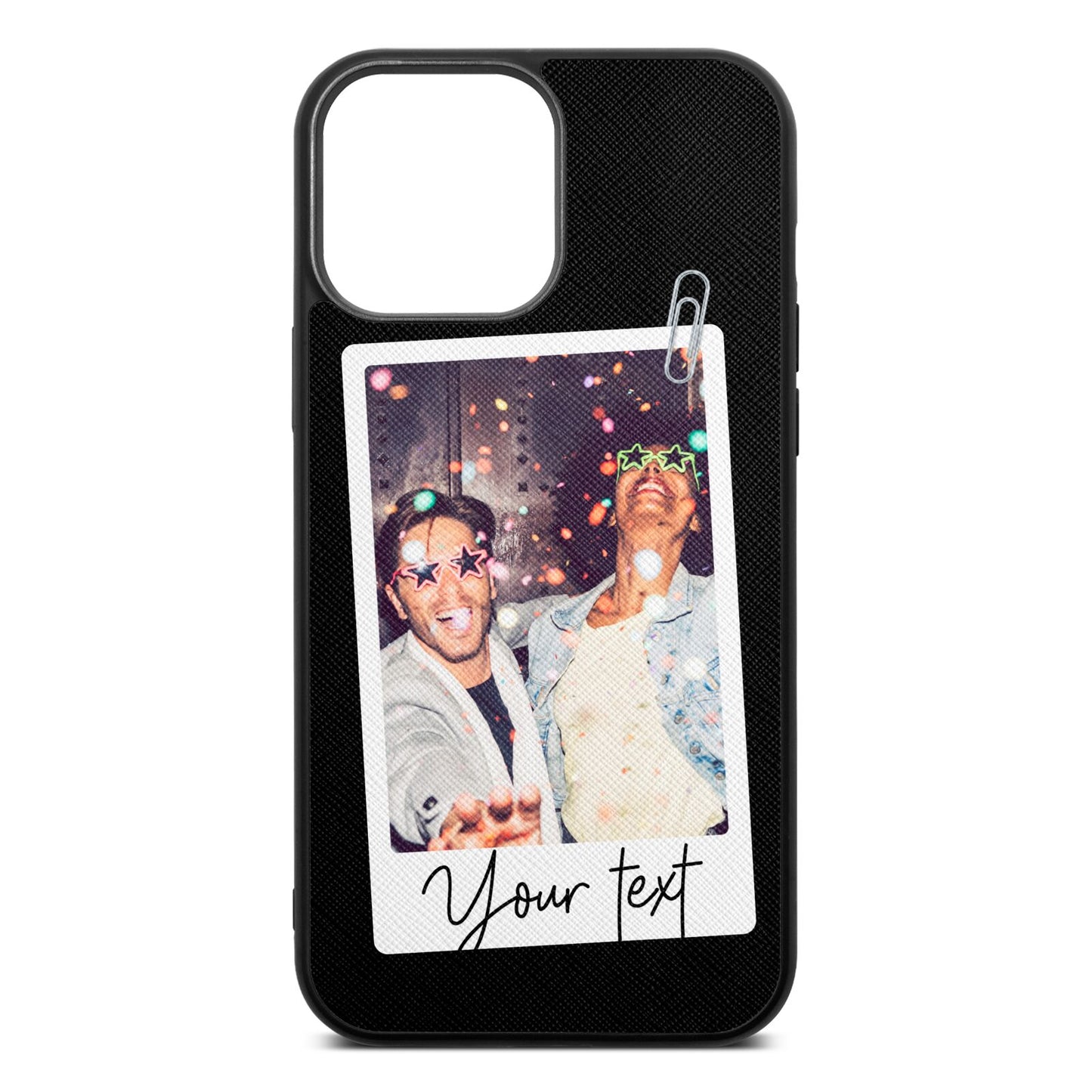 Personalised Photo with Text Black Saffiano Leather iPhone 13 Pro Max Case