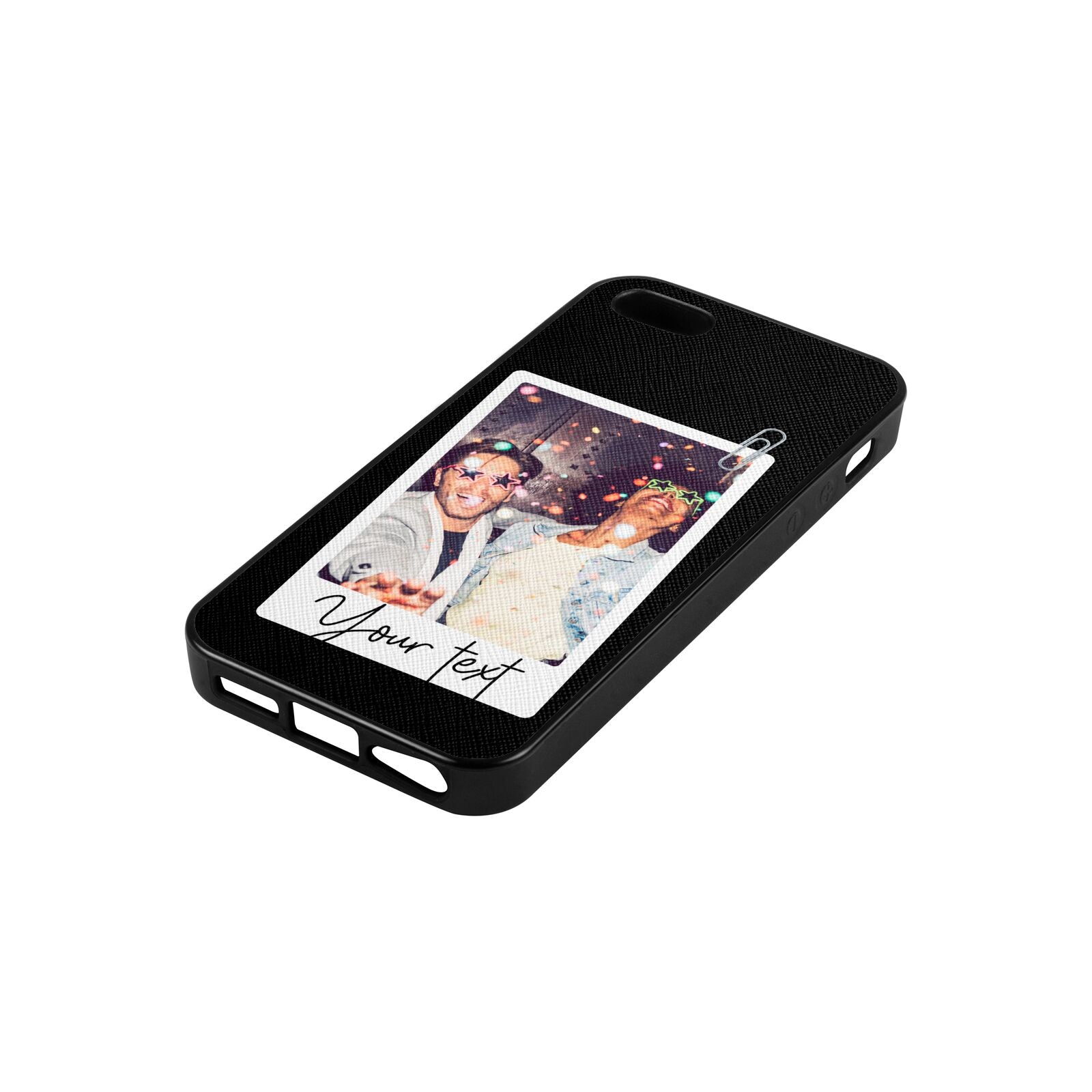Personalised Photo with Text Black Saffiano Leather iPhone 5 Case Side Angle