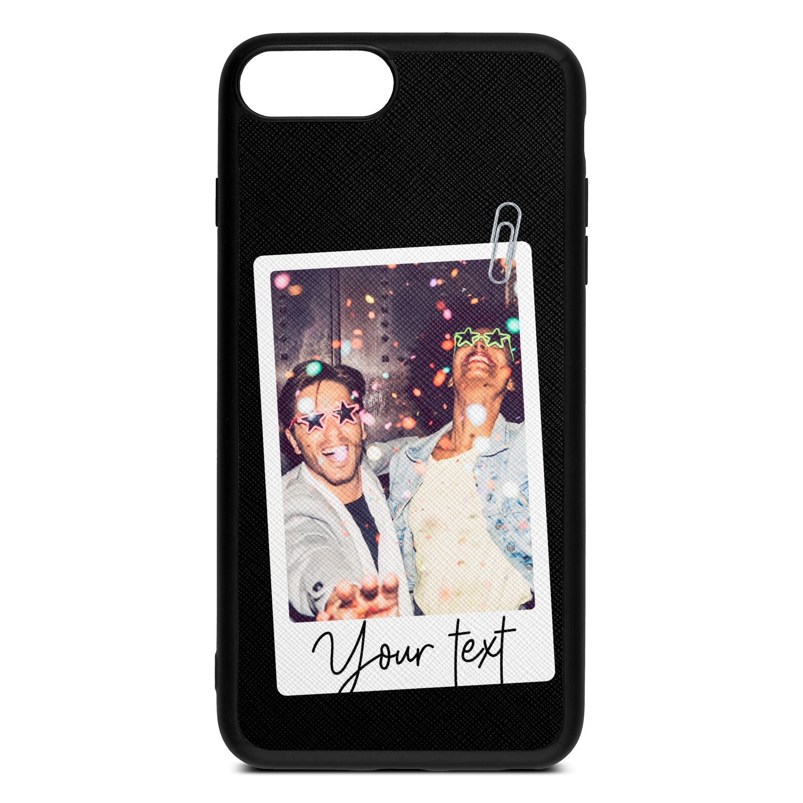 Personalised Photo with Text Black Saffiano Leather iPhone 8 Plus Case